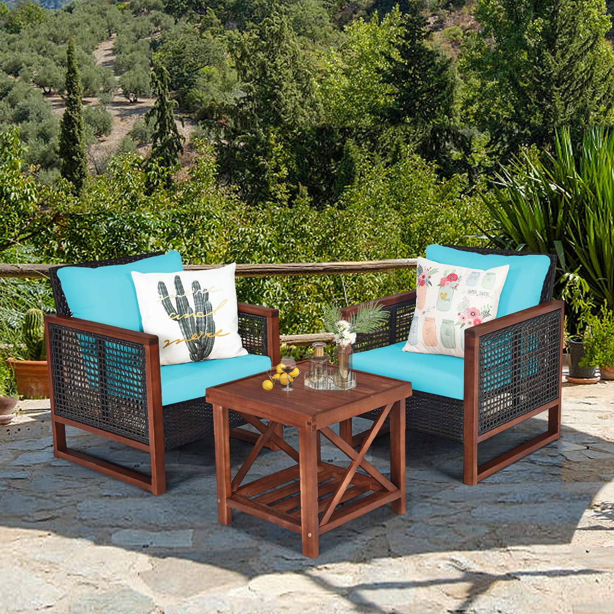 HappyGrill 3-Piece Outdoor Patio Furniture Set - Wicker Chairs with Coffee Table, Acacia Wood Frame & Washable Cushions - Perfect for Garden, Poolside, Backyard, Balcony & Porch Relaxation