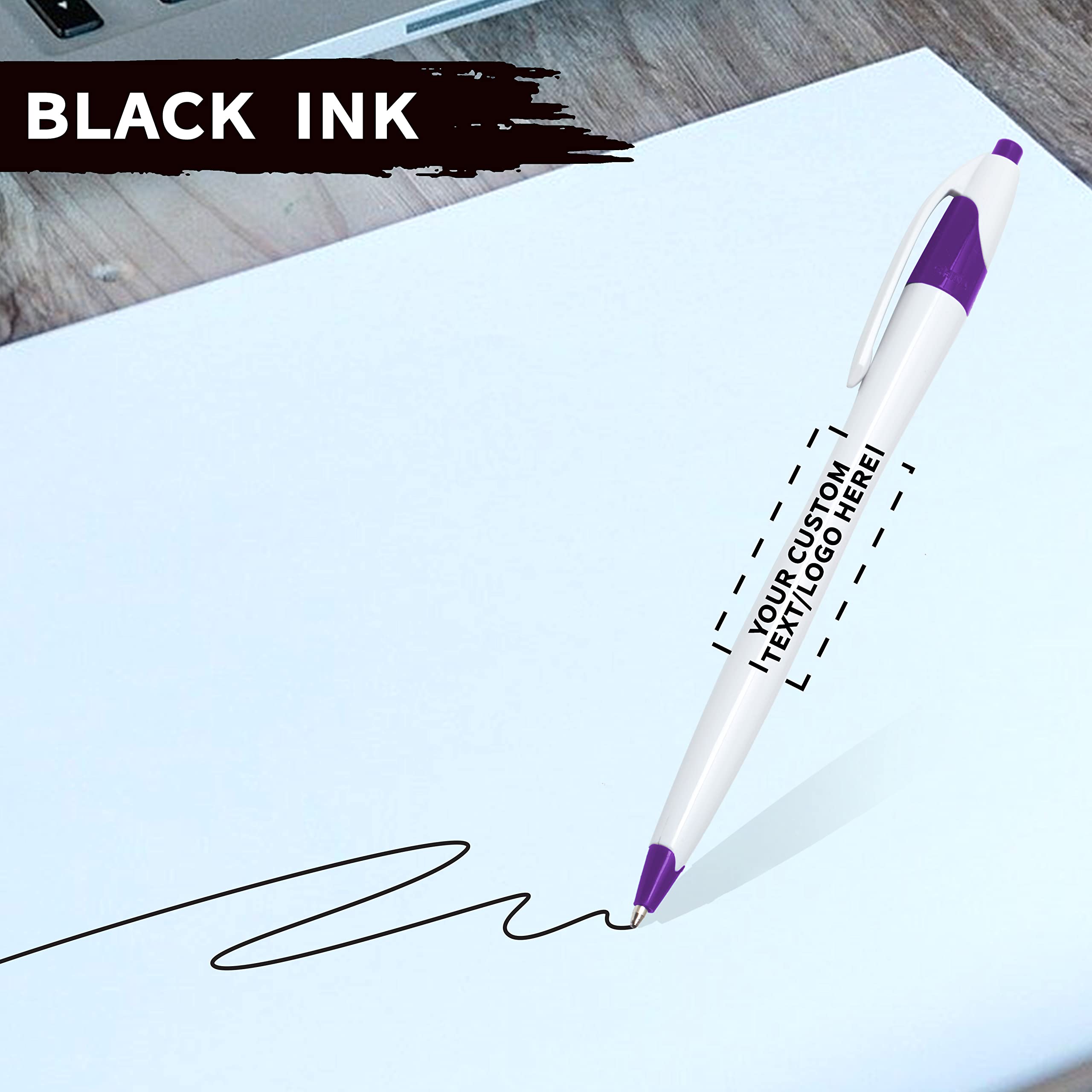 Custom Slim Curvy Ballpoint Pens - 50 Pack Bulk Personalized Promotional Pens with Black Ink | Retractable Office & School Supplies | Perfect for Business Gifts, Tradeshows, Branding Events (Purple)