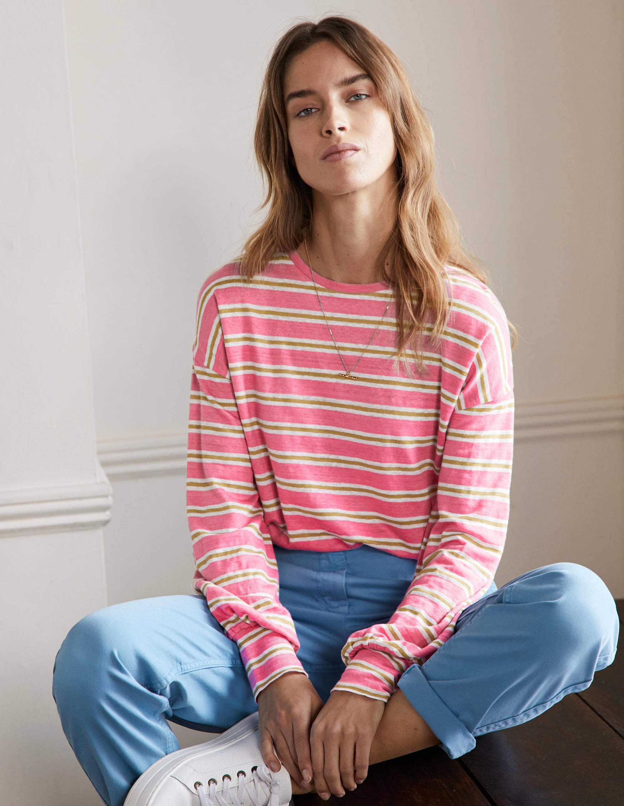 Stylish Linen Blouson Top in Posy Pink & Brioche Stripe - Perfect for Casual Outings & Summer Fashion