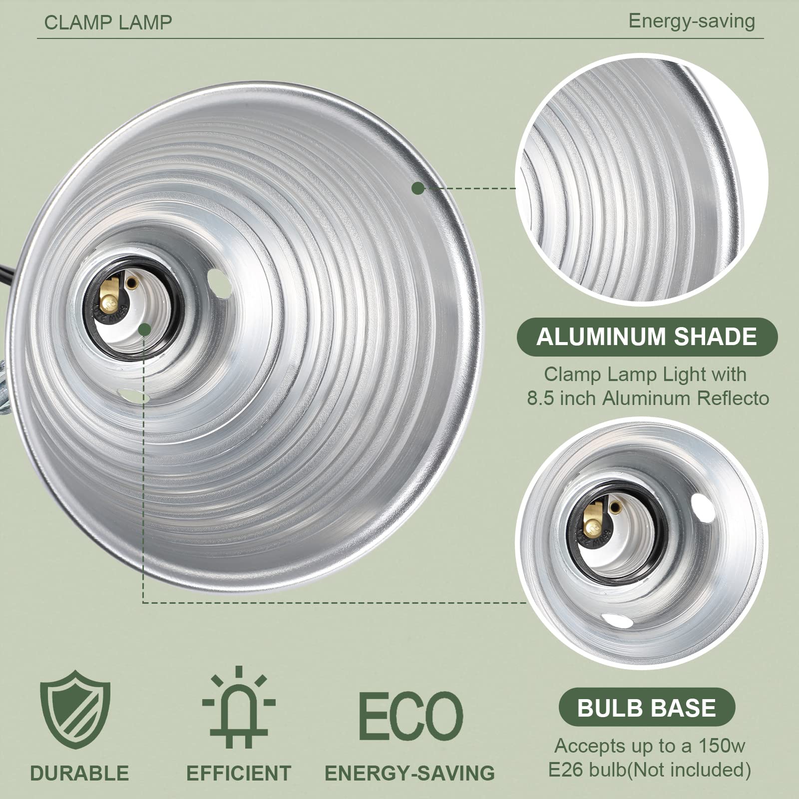 Macarrie 12 Pack Clamp Lamp Light with Aluminum Reflector - 8.5 Inch E26 Socket Fixture, 6ft SPT-2 18awg Cord & Adjustable Stand (150W Max, Bulb Not Included) - Perfect for Home Studios, Workshops, Reptile Terrariums & Plant Grow Lights