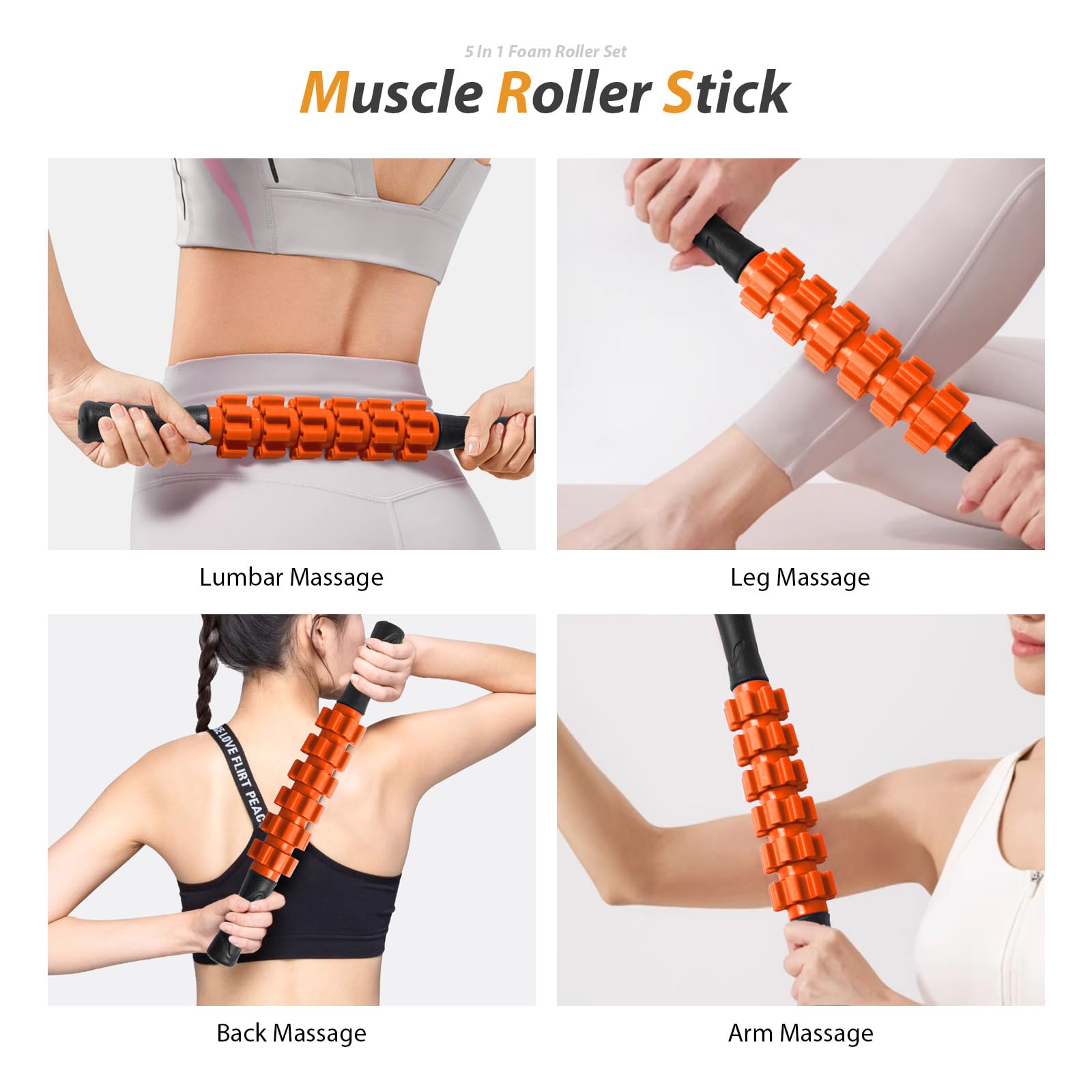 5-in-1 Foam Roller Set for Deep Tissue Massage - Trigger Point Roller, Massage Stick, Therapy Ball & Resistance Band - Perfect for Yoga, Pilates, Fitness & Full Body Workout (Orange-Black) - Home Gym & Physical Therapy Essential
