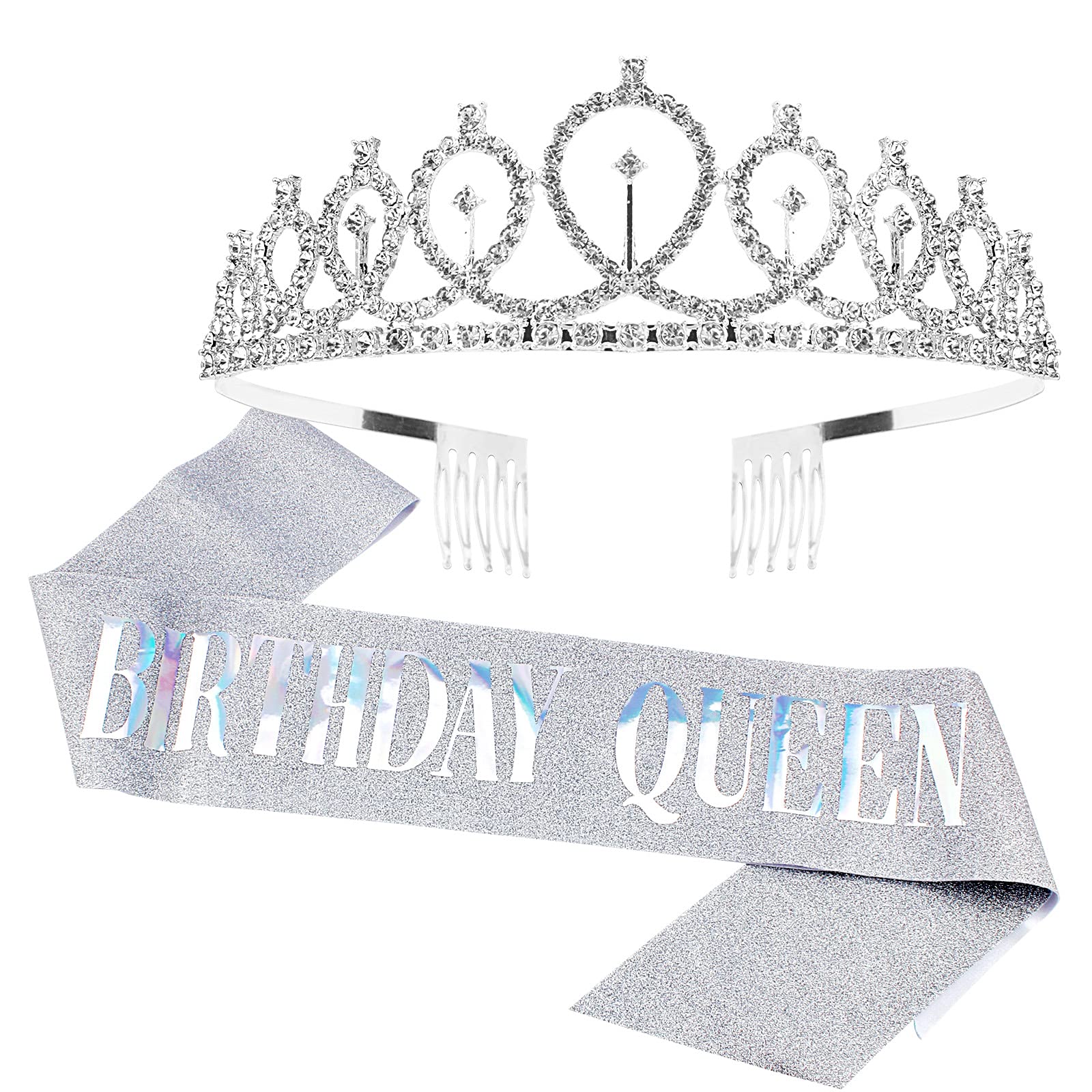 Sparkling Rhinestone Tiara & Birthday Queen Sash Set for Women - Silver Crown with Multicolor Letters | Perfect for Birthday Parties, Bachelorette Events & Royal-Themed Celebrations