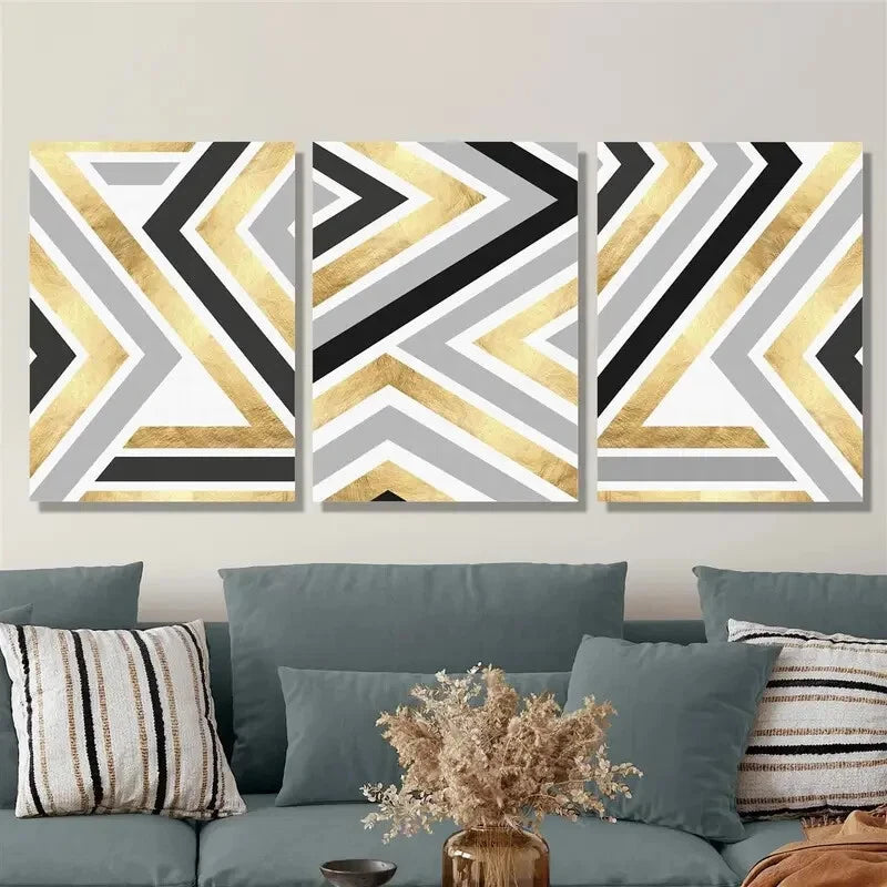 3-Piece Golden Artistic Lines Metal Print Wall Art - Black & Gray Framed Canvas for Living Room, Bedroom, Office Decor | Ready to Hang Modern Home Decor