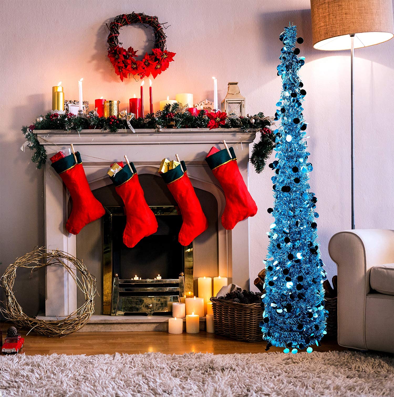5 ft Light Blue Tinsel Christmas Tree - Foldable Pop Up Holiday Tree with Storage Bag for Home, Office & Party Decorations