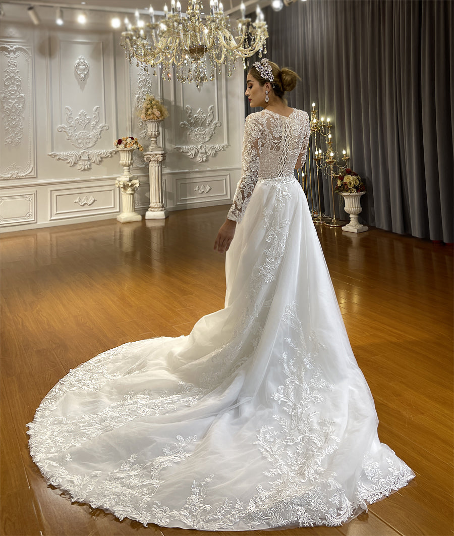 NS4412 Detachable Skirt Champagne Mermaid Lace Wedding Dress – Elegant Bridal Gown for Beach, Church & Formal Weddings