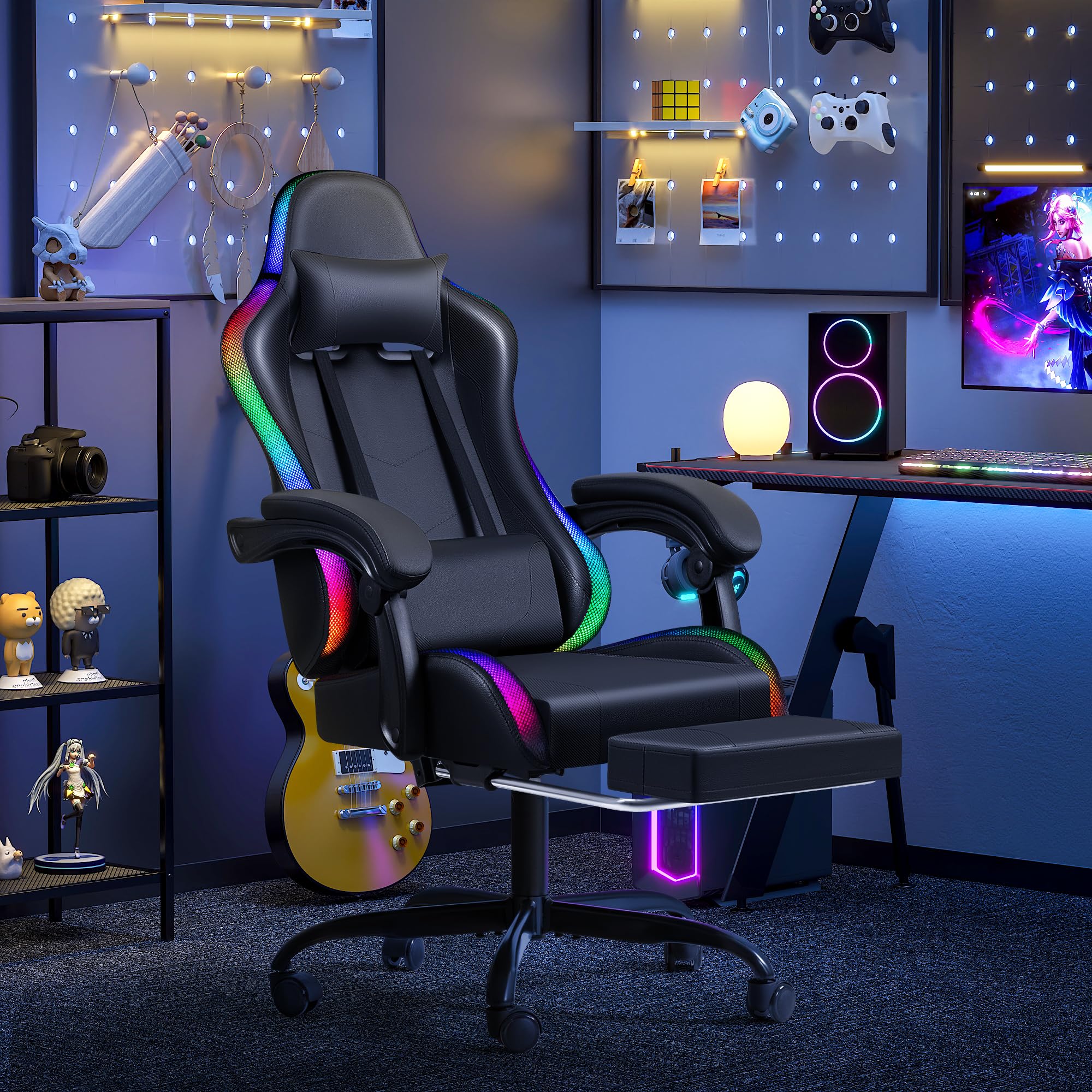 Furmax Ergonomic Gaming Chair with RGB LED Lights, Massage & Footrest - High Back Reclining Computer Chair with Headrest & Lumbar Support - Swivel Gamer Chair for PC, Console & Office (LED Black) - Perfect for Esports, Streaming & Long Gaming Sessions