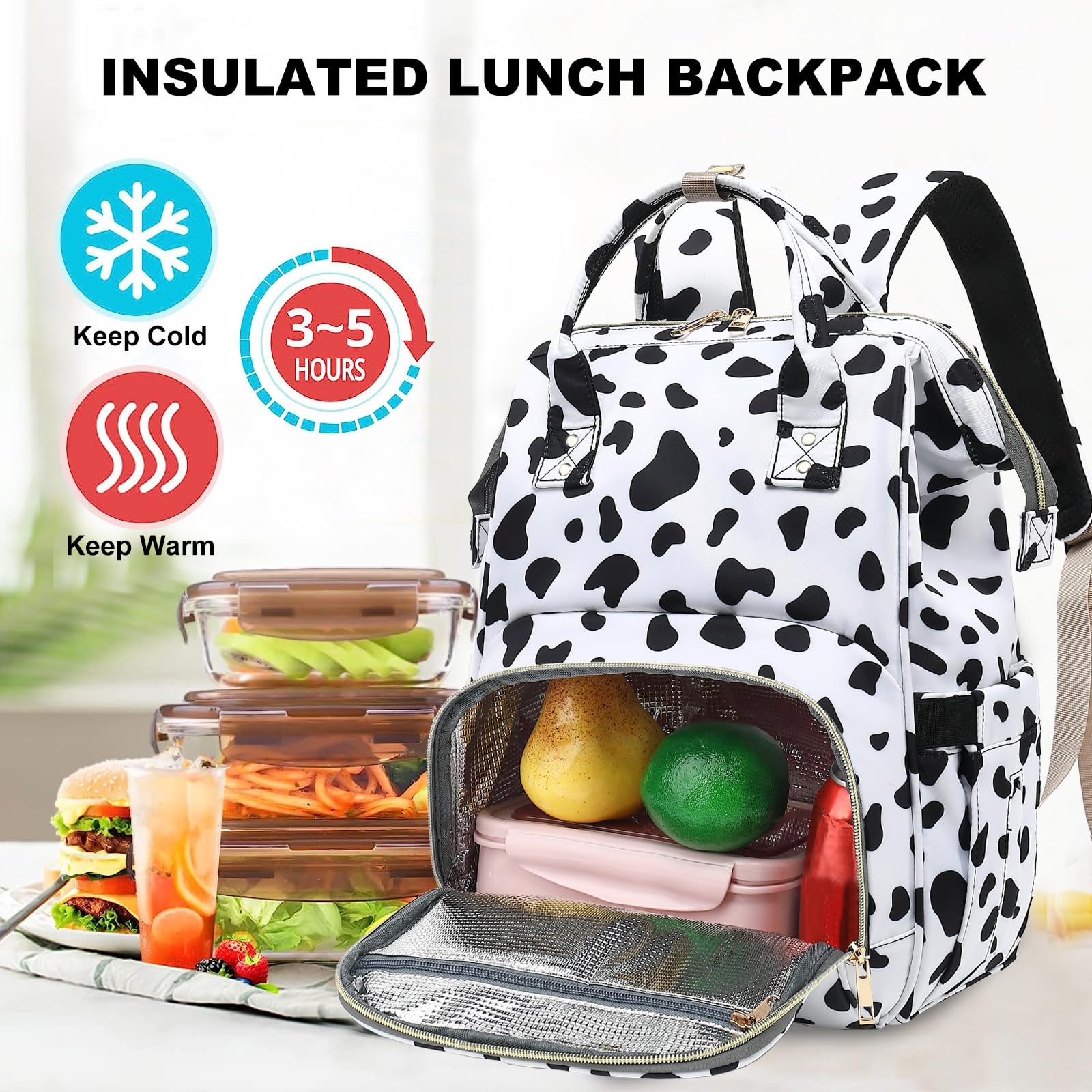 Fuyicat Cow Print Insulated Lunch Backpack for Women & Girls - Waterproof Laptop School Backpack, College Bookbag with Cooler Compartment | Perfect for Work, School, Travel & Picnic