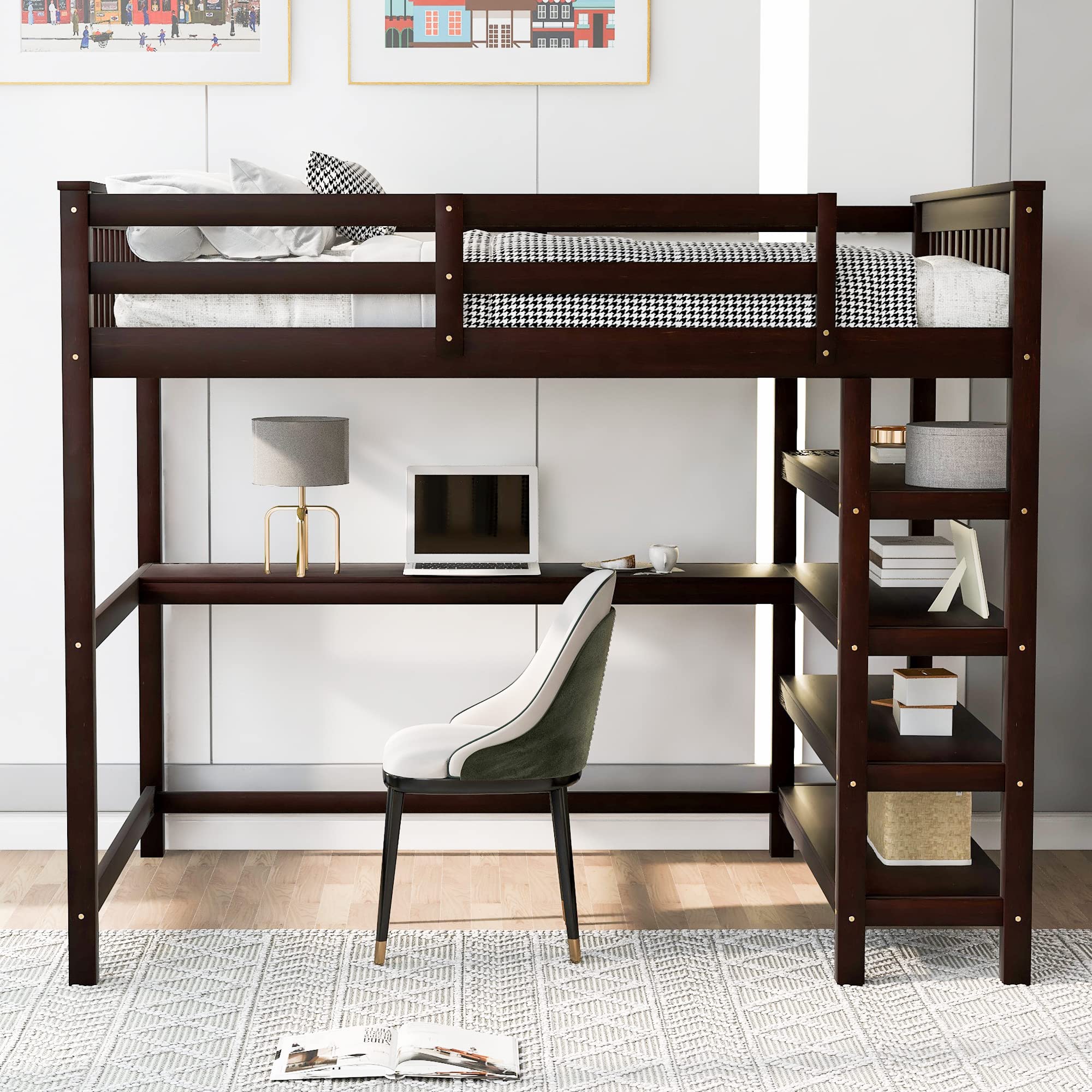 SOFTSEA Full Loft Bed with Desk & Shelves - Sturdy Wooden Study Loft Bed for Adults & Teens - Space-Saving Furniture with Safety Guardrails for Small Rooms, Dorms & Apartments