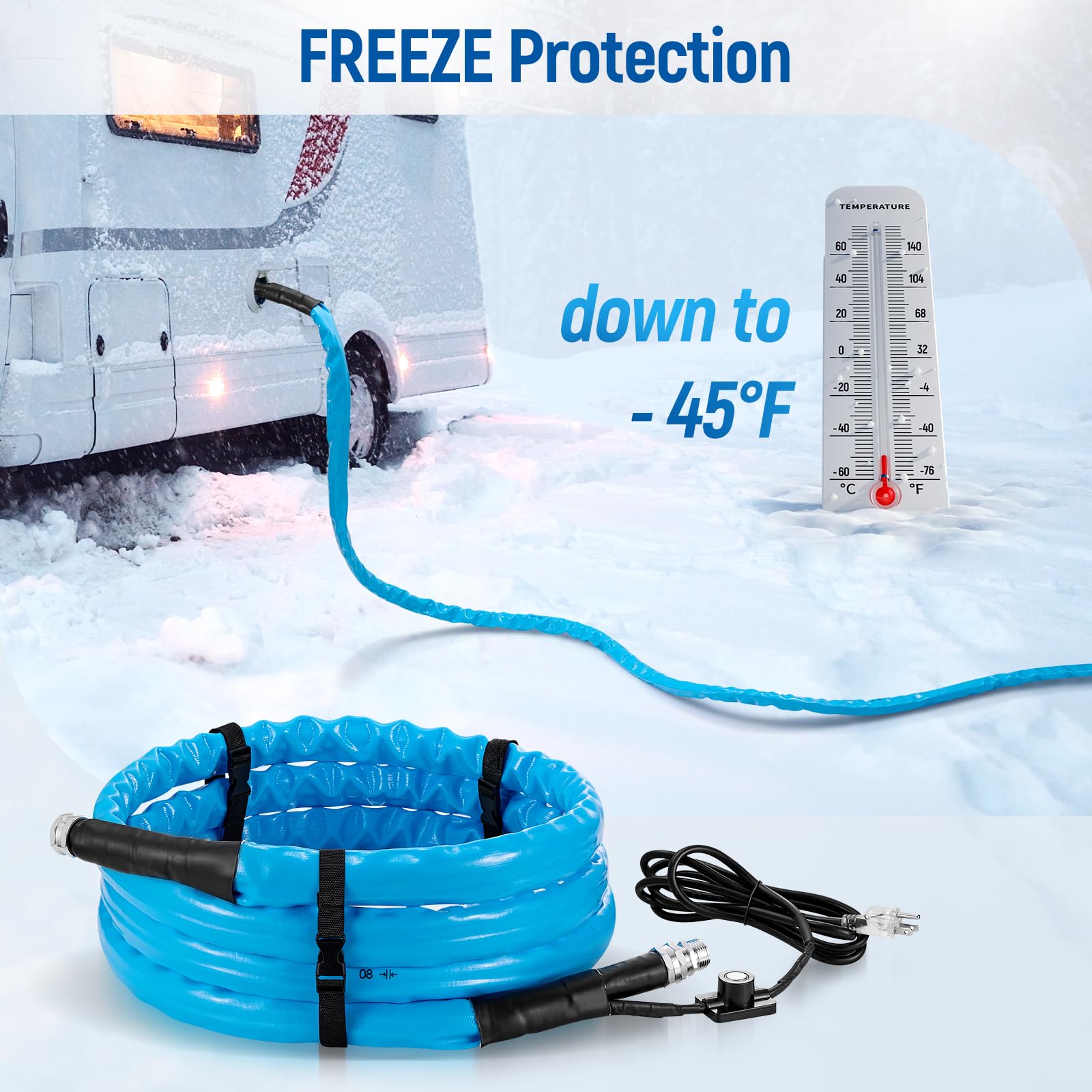 60FT Heated RV Water Hose - 45℉ Anti-Freeze Electric Heated Garden Hose for Campers & RVs | Winter-Proof Drinking Water Supply for Outdoor Adventures, Snowbird Travel & Cold Weather Camping