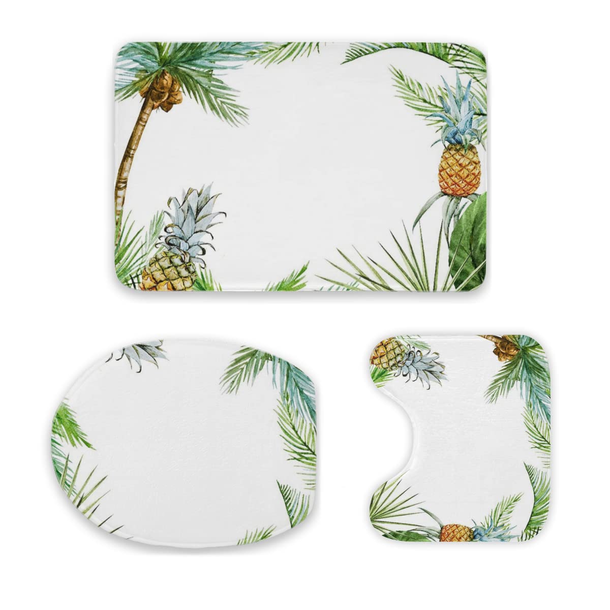 3-Piece Bathroom Rug Set - Non-Slip, Ultra Soft & Absorbent Toilet Mat, Floor Mat & Carpet with Tropical Watercolor Palm Pineapple Design | Washable & Durable for Bathroom, Shower & Vanity Areas