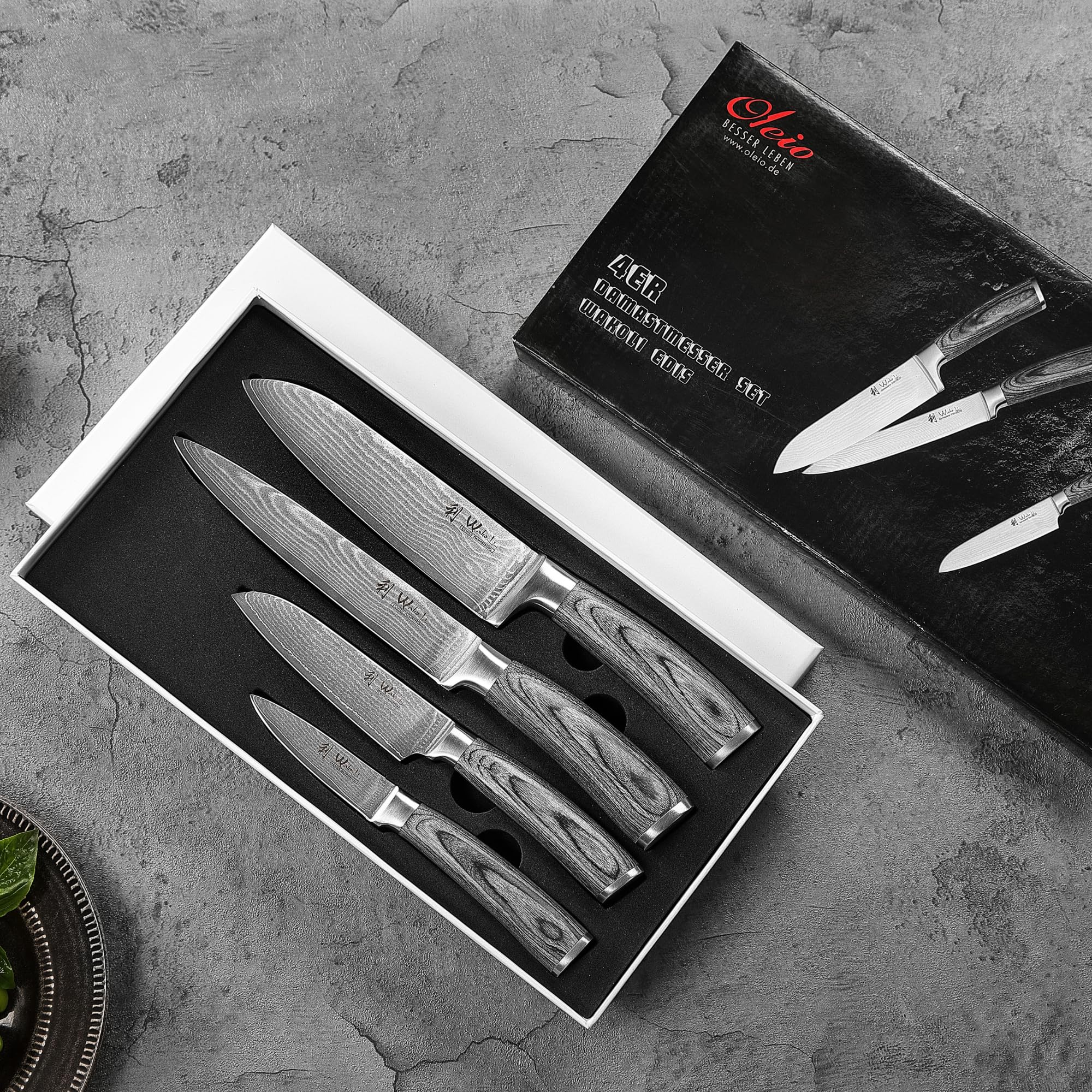 Wakoli 4-Piece Professional Damascus Kitchen Knife Set - 67-Layer Genuine Damascus Steel with VG10 Core, Ergonomic Pakkawood Handles - Perfect for Chefs, Home Cooking & Meat Cutting