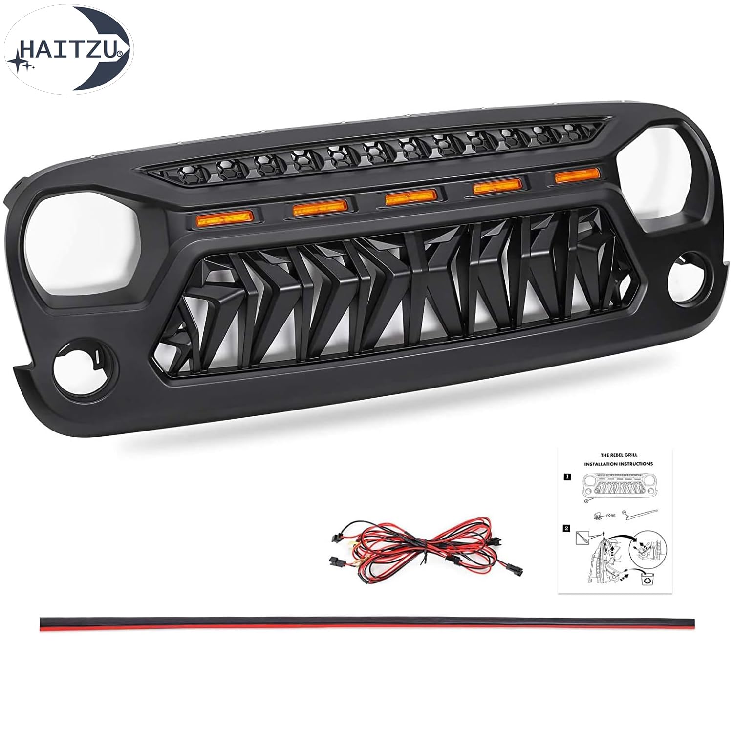 Jeep Wrangler JK Grille Guard (2007-2018) - Matte Black Shark Grille with 5 Amber LED Lights | Compatible with Unlimited, Rubicon & Sahara Models | Off-Road Protection & Style Upgrade for Adventure Enthusiasts
