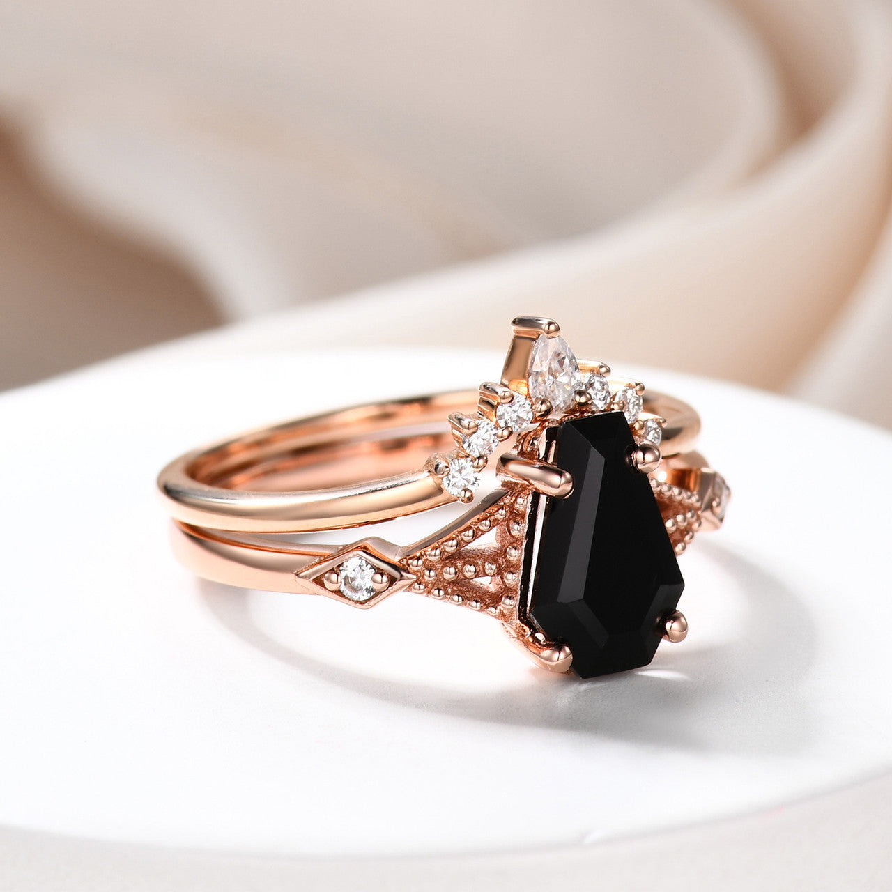 14K Rose Gold Coffin Black Spinel Diamond Wedding Ring Set - 9x6mm Coffin Shaped Onyx Engagement Ring for Women - Perfect for Bridal, Anniversary & Gothic Jewelry Lovers