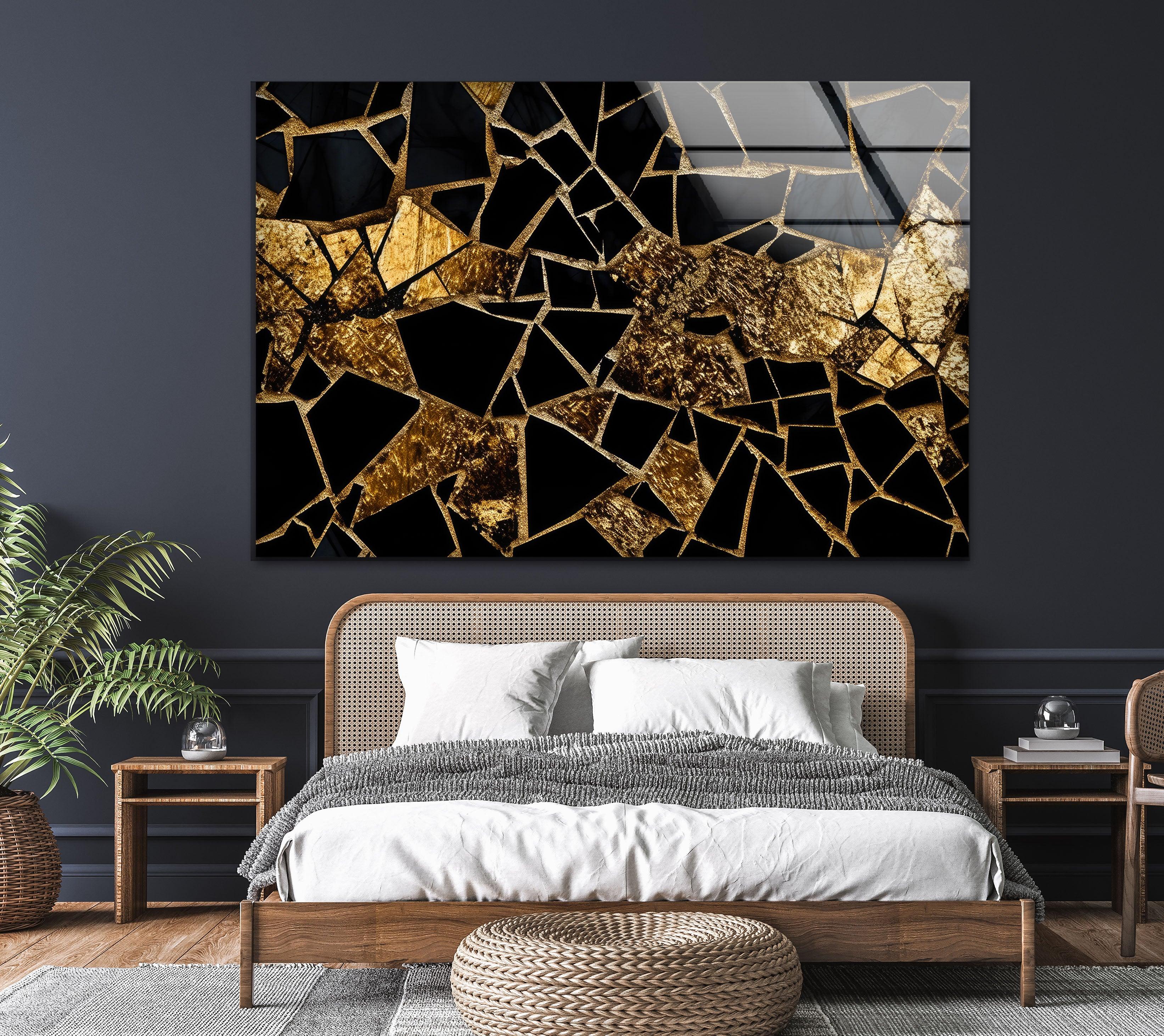Elegant Black and Gold Stained Glass Wall Art - Handcrafted Marble Mosaic Decor for Living Room, Bedroom, or Office - Perfect for Home & Interior Design