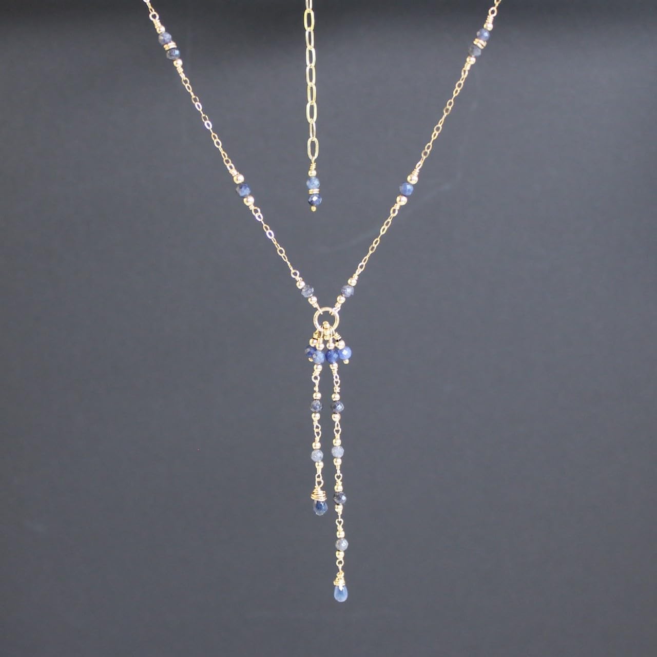 14K Gold Filled Blue Sapphire Lariat Necklace with Tassel & Delicate Y-Chain | 925 Sterling Silver Jewelry (15