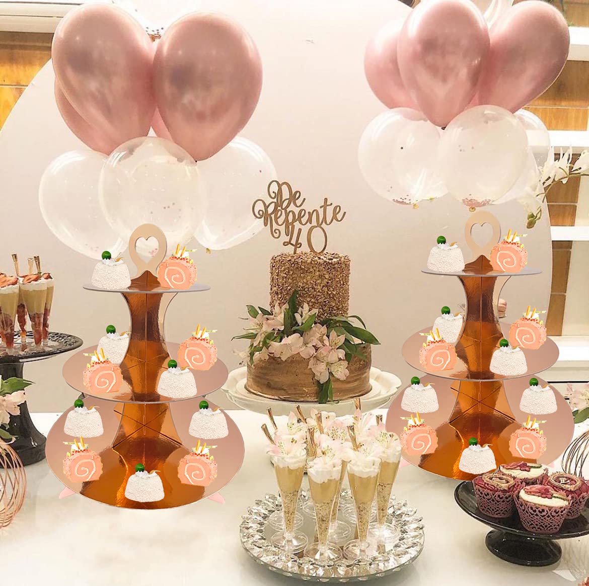3-Tier Rose Gold Cardboard Cupcake Stand - 2 Pack with Floral Heart Design, Holds 24 Cupcakes - Perfect for Birthday Parties, Baby Showers, Bridal Showers & Halloween Celebrations - Ideal for Dessert Displays, Wedding Receptions, and Holiday Gatherings