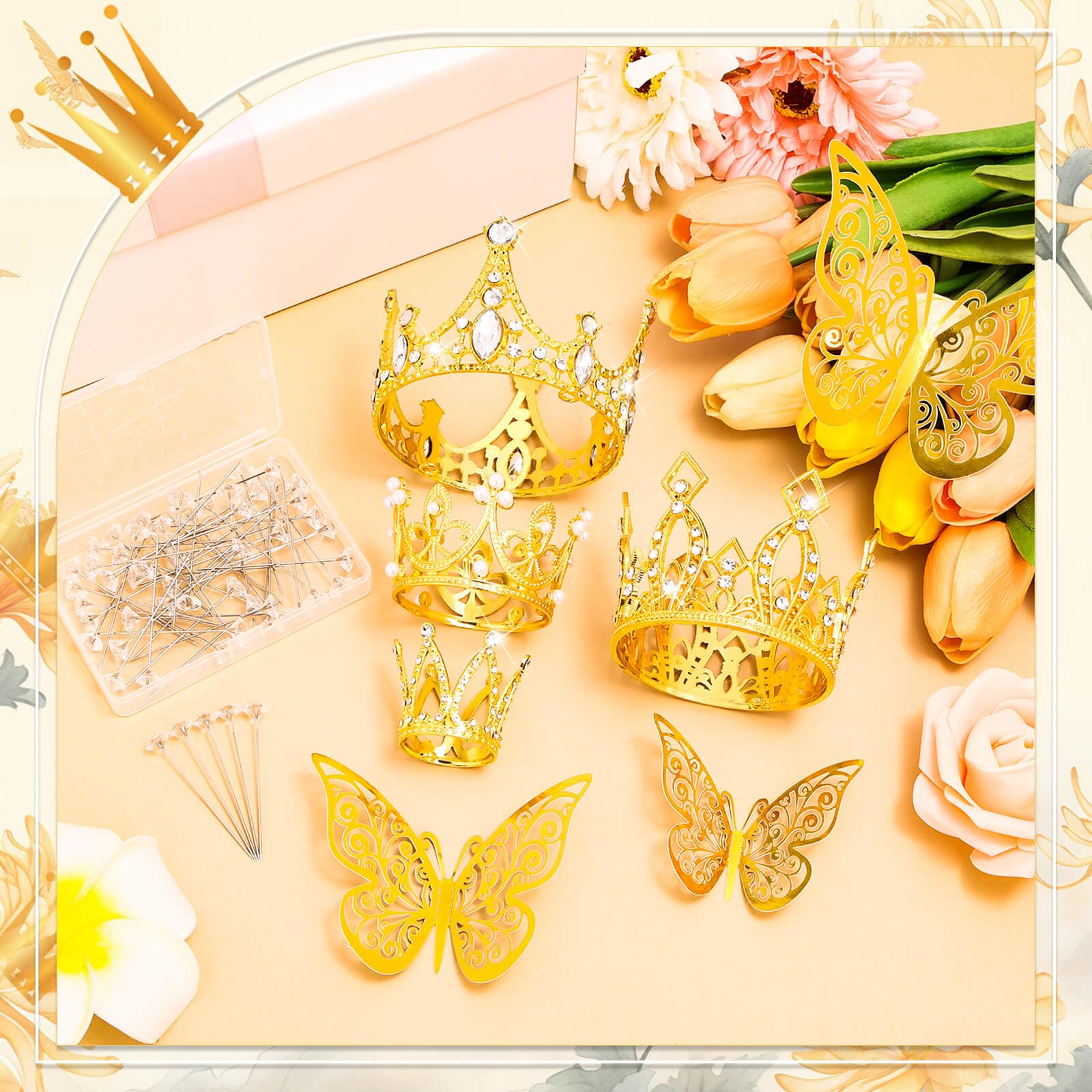 Premium Gold Bouquet Crowns Set - 4PCS Floral Crowns, 12PCS Butterfly Decorations & 50PCS Flower Pins for Wedding Bouquets, Birthday Arrangements, Baby Shower Flowers - Elegant Floral Accessories for Special Occasions