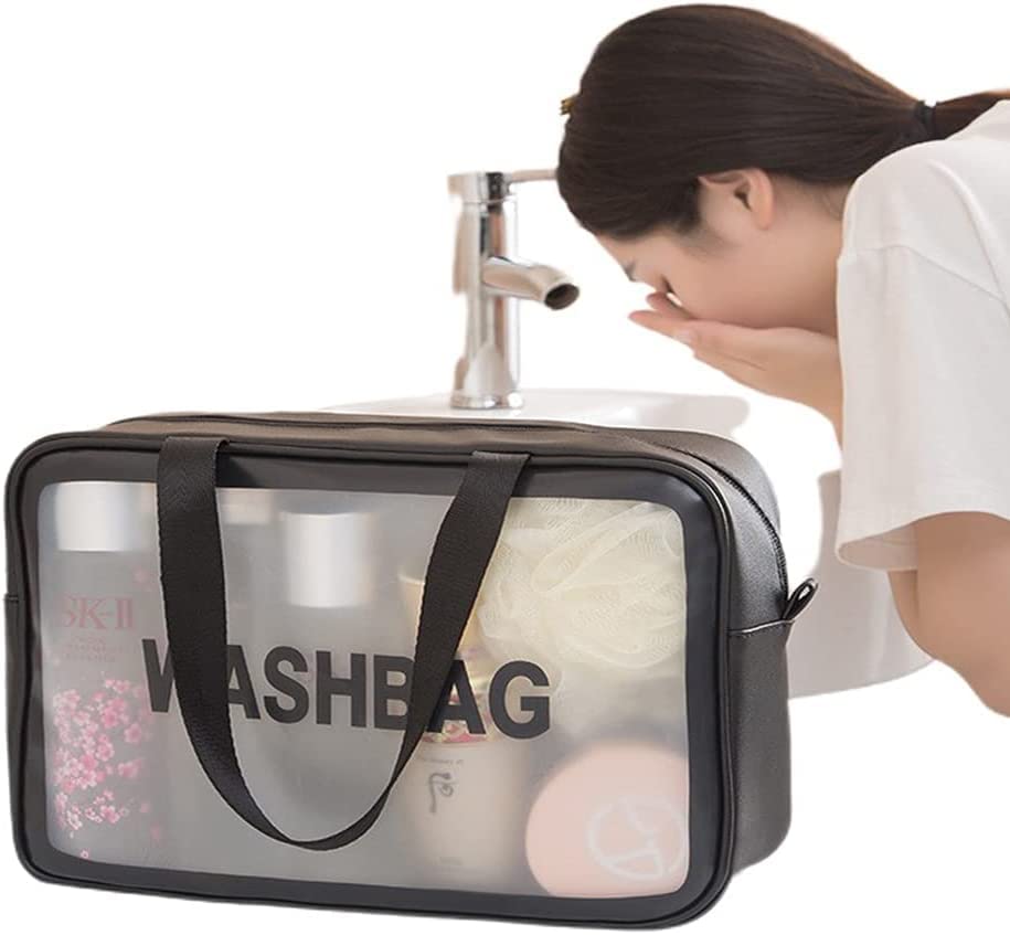 VALAMJI Waterproof Transparent Cosmetic Bag - Travel Toiletry Organizer with Zipper & Handle, Washable Makeup Pouch for Women & Girls (1PC, Black) - Perfect for Air Travel, Gym, Beach & Daily Essentials Storage