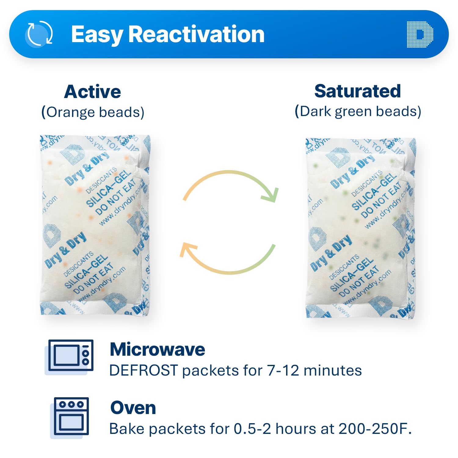 Dry & Dry 100 Gram [200 Packs] Orange Indicating Silica Gel Packets (Turns Dark Green When Saturated) - Food Safe, Rechargeable Desiccant for Moisture Protection | Ideal for Food Storage, Electronics, Documents & Travel Essentials