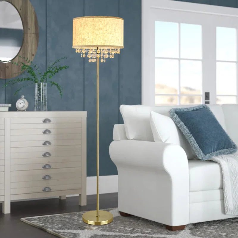 DLLT Modern LED Floor Lamp with Crystal Accents - Elegant Standing Light for Living Room, Bedroom & Study - Mid Century & Farmhouse Style - Adjustable Tall Pole with Fabric Drum Shade - Brass Finish - Perfect for Reading, Relaxing & Home Decor