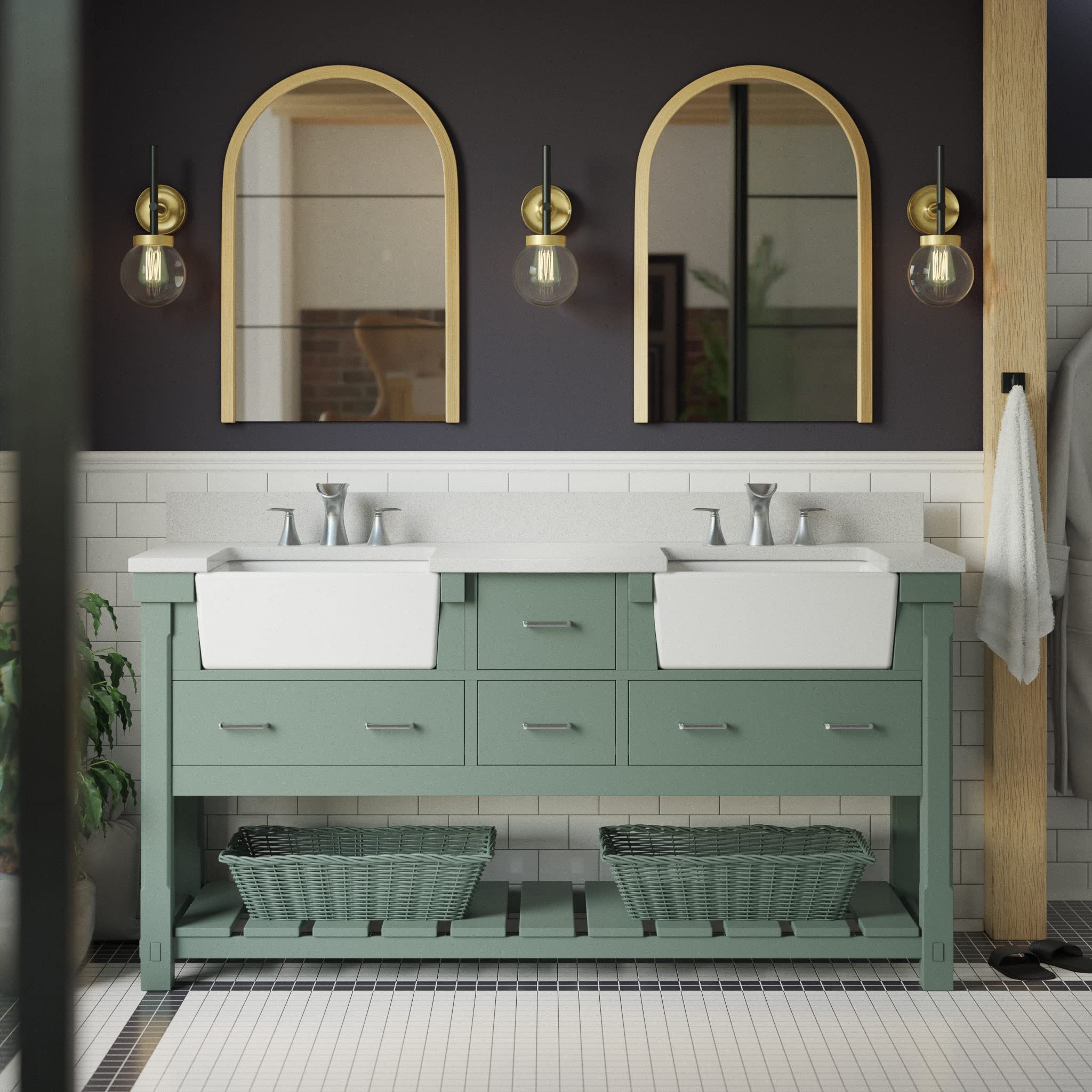 Charlotte 72-inch Double Bathroom Vanity with Quartz Countertop & Sage Green Cabinet - White Ceramic Farmhouse Apron Sinks Included | Perfect for Modern Farmhouse, Coastal, or Transitional Bathroom Designs