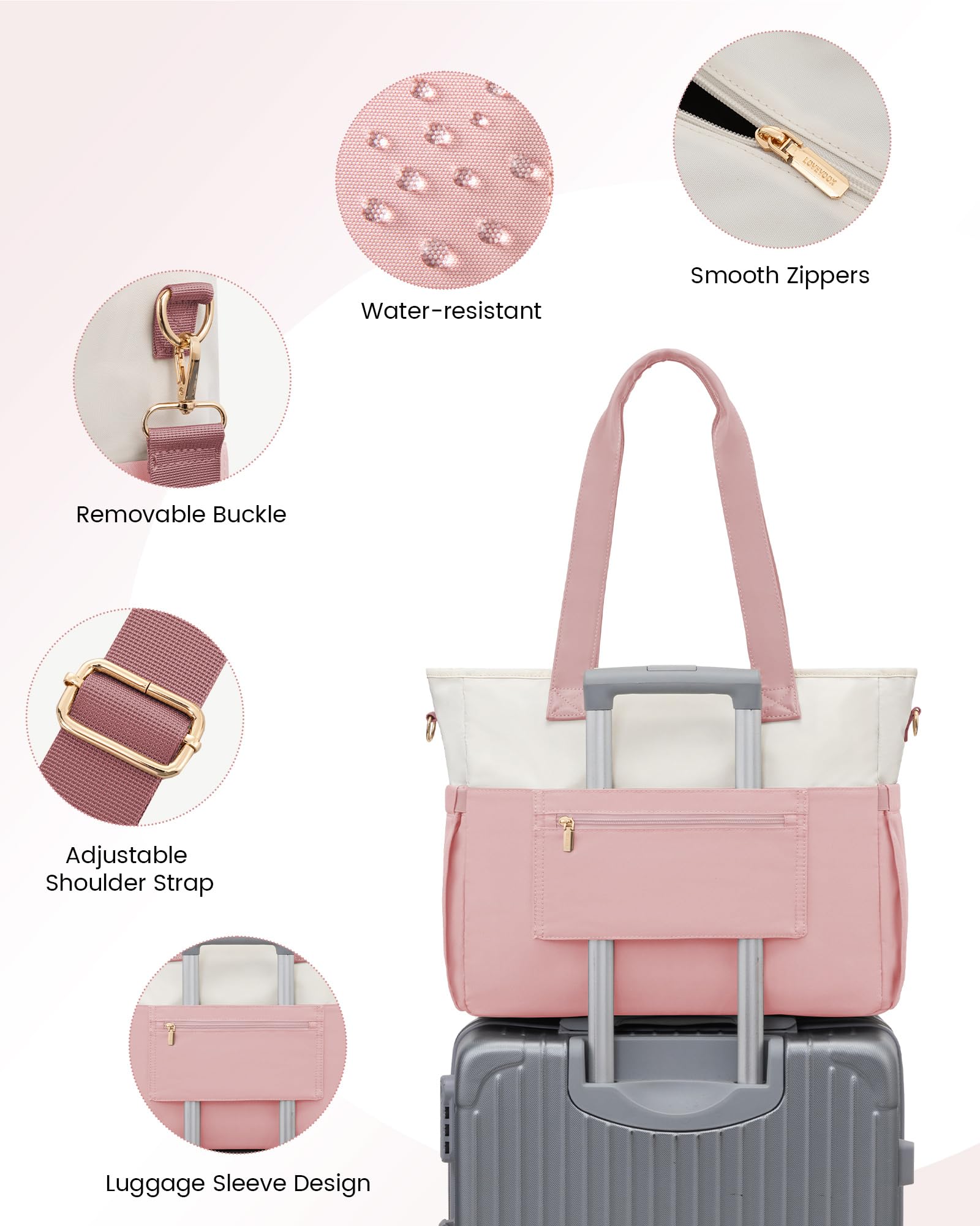 LOVEVOOK 15.6 Inch Professional Work Tote Bag for Women - Large Capacity Laptop Bag with Dedicated Compartment - Stylish Pink Beige Briefcase for Office, Travel, Nursing & Teaching | Perfect for Business, Commuting & Daily Use