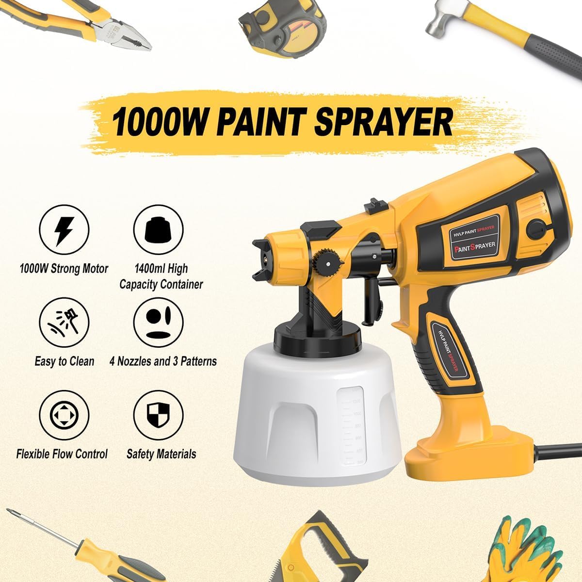 1000W High Power Electric Paint Spray Gun - Easy to Clean Sprayer Tool for Furniture, Cabinets, Fence, Walls, Doors & Garden Chairs (Yellow) | Perfect for DIY Home Projects & Professional Painting Jobs