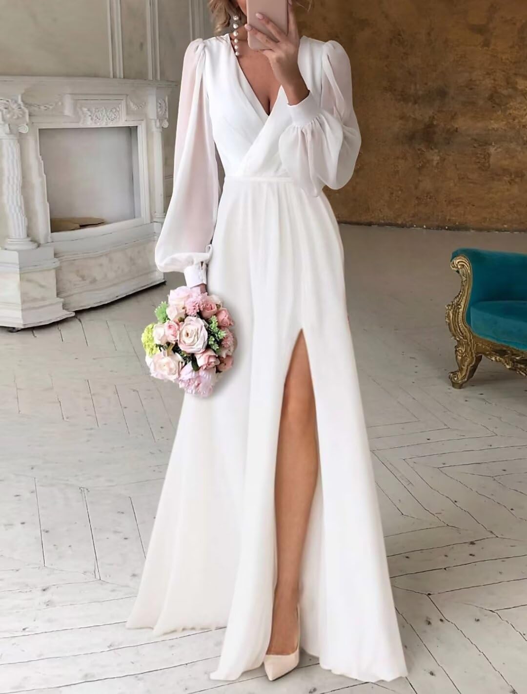 2024 Boho Wedding Dresses for Bride - Elegant Long Sleeve Chiffon Bridal Gowns with Slit | Perfect for Beach, Garden & Outdoor Boho Chic Weddings