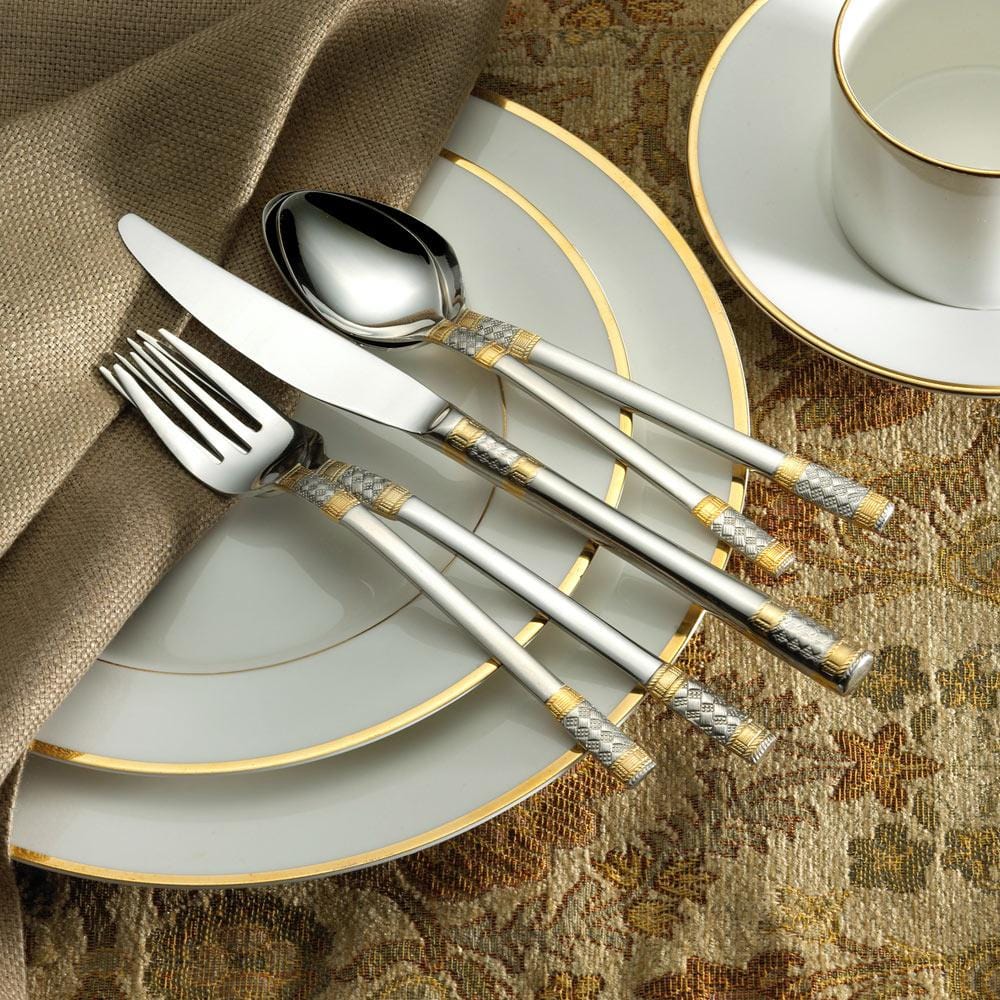 Luxury Gold Accent Corsica 65-Piece Flatware Set - Service for 12 People - Elegant Stainless Steel Cutlery Set for Fine Dining, Wedding Gifts & Formal Dinner Parties