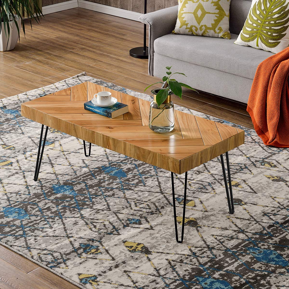 Modern Industrial Coffee Table with Metal Hairpin Legs & Glossy Finish - Easy Assembly Living Room Cocktail Table for Home, Office & Lounge Decor
