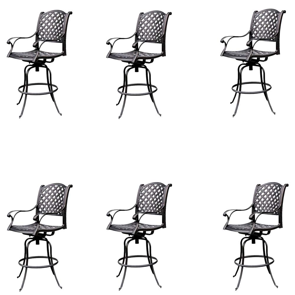 7-Piece Patio Bar Set with Double Burner Fire Pit Table & 6 Nassau Barstools - Durable Cast Aluminum Outdoor Furniture for Backyard, Deck, or Garden Entertaining