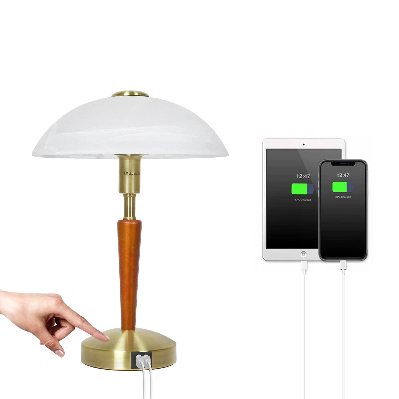 Industrial Touch Control Table Lamp with 2 USB Ports & 3-Way Dimmable LED Light - Bedside Nightstand Reading Lamp with Glass Shade for Bedroom, Living Room, Office - Perfect for Night Reading, Working & Home Decor (Bronze)