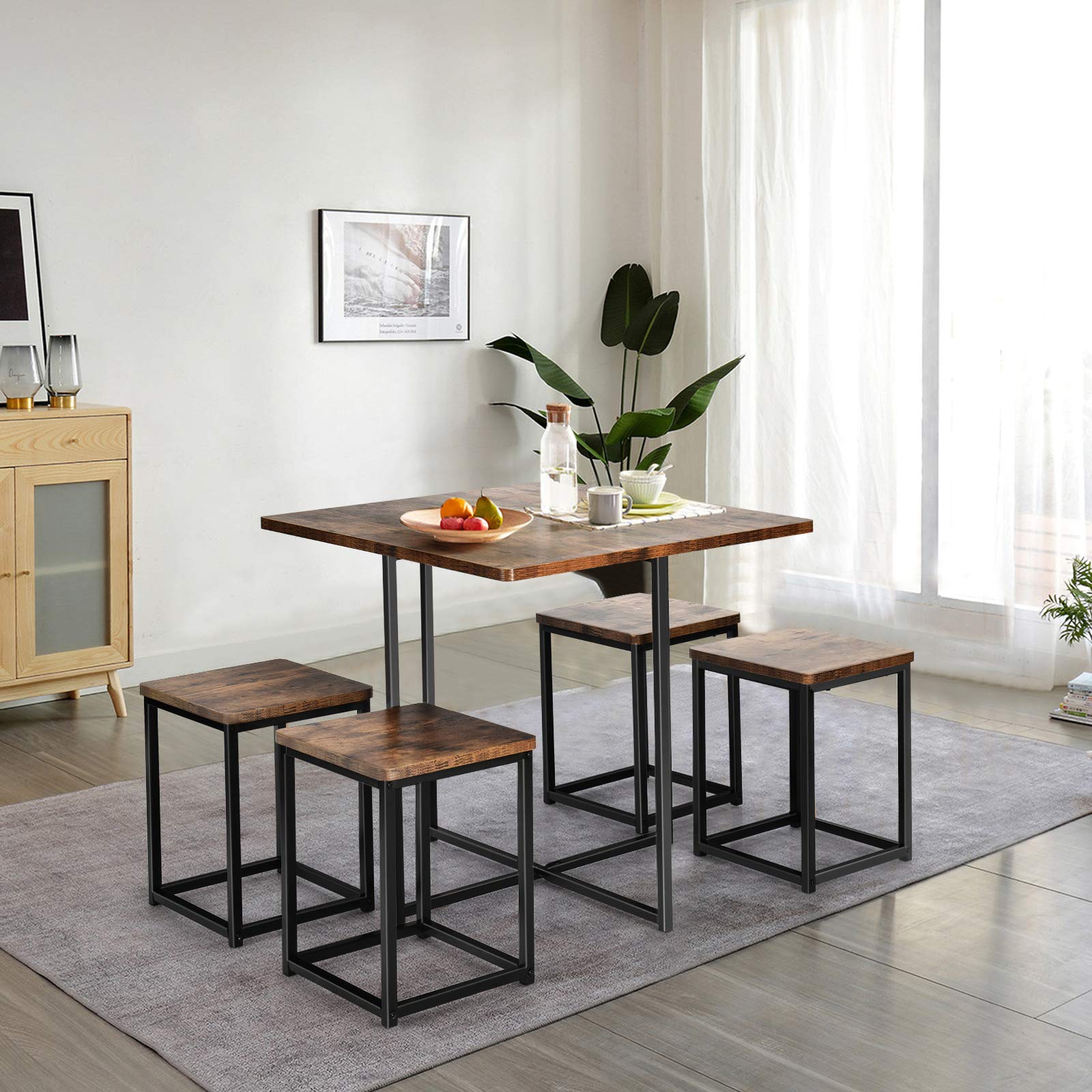 Giantex 5-Piece Square Dining Table Set for 4 with Metal Frame - Compact Kitchen Table & Stools for Small Spaces - Perfect for Home, Apartment, Kitchen, Bar & Pub Gatherings