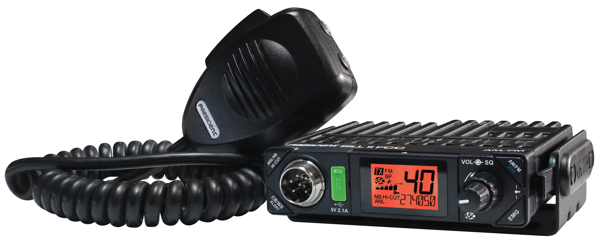 President Electronics BILL CB Radio - 40 Channel AM/SSB, 12V Power, USB 5V/2.1A Charging, LCD Display with S-Meter - for Truckers, Off-Roading & Emergency Communication