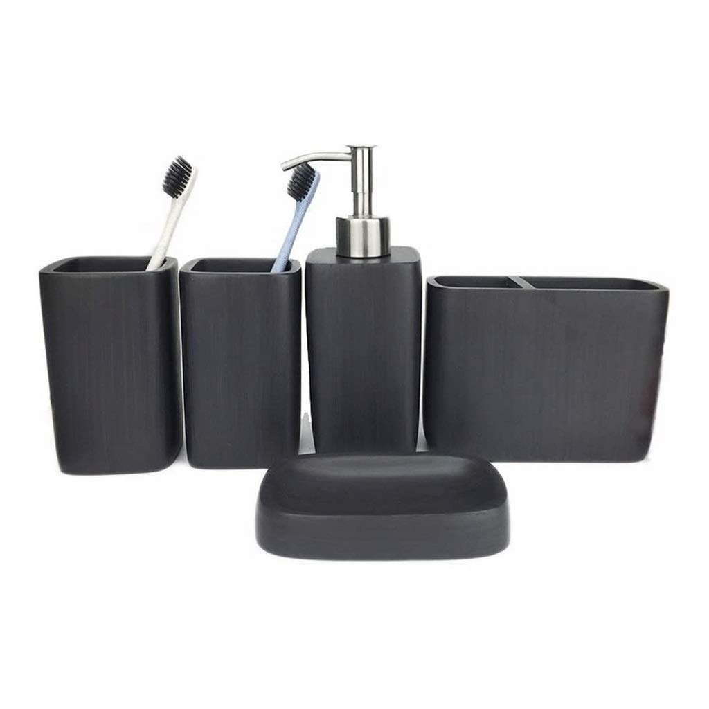 5-Piece Marble & Wood Grain Bathroom Accessories Set - Soap Dispenser, Toothbrush Holder, Tumbler & Soap Dish | Modern Vanity Organizer for Bathroom, Guest Bath & Spa Decor