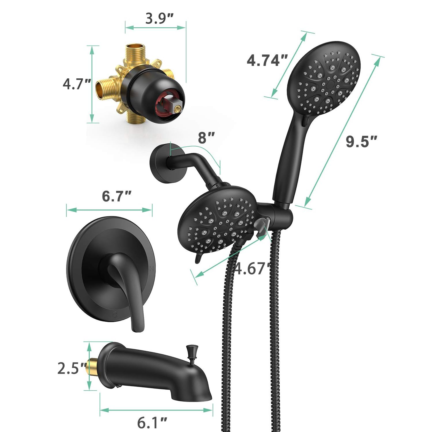 SR SUN RISE 35-Function Dual 2-in-1 Shower System with Tub Spout - Matte Black Single Handle Tub & Shower Faucet Combo Set with Patented 3-Way Diverter (Valve Included) - Perfect for Bathroom Remodeling & Modern Home Upgrade
