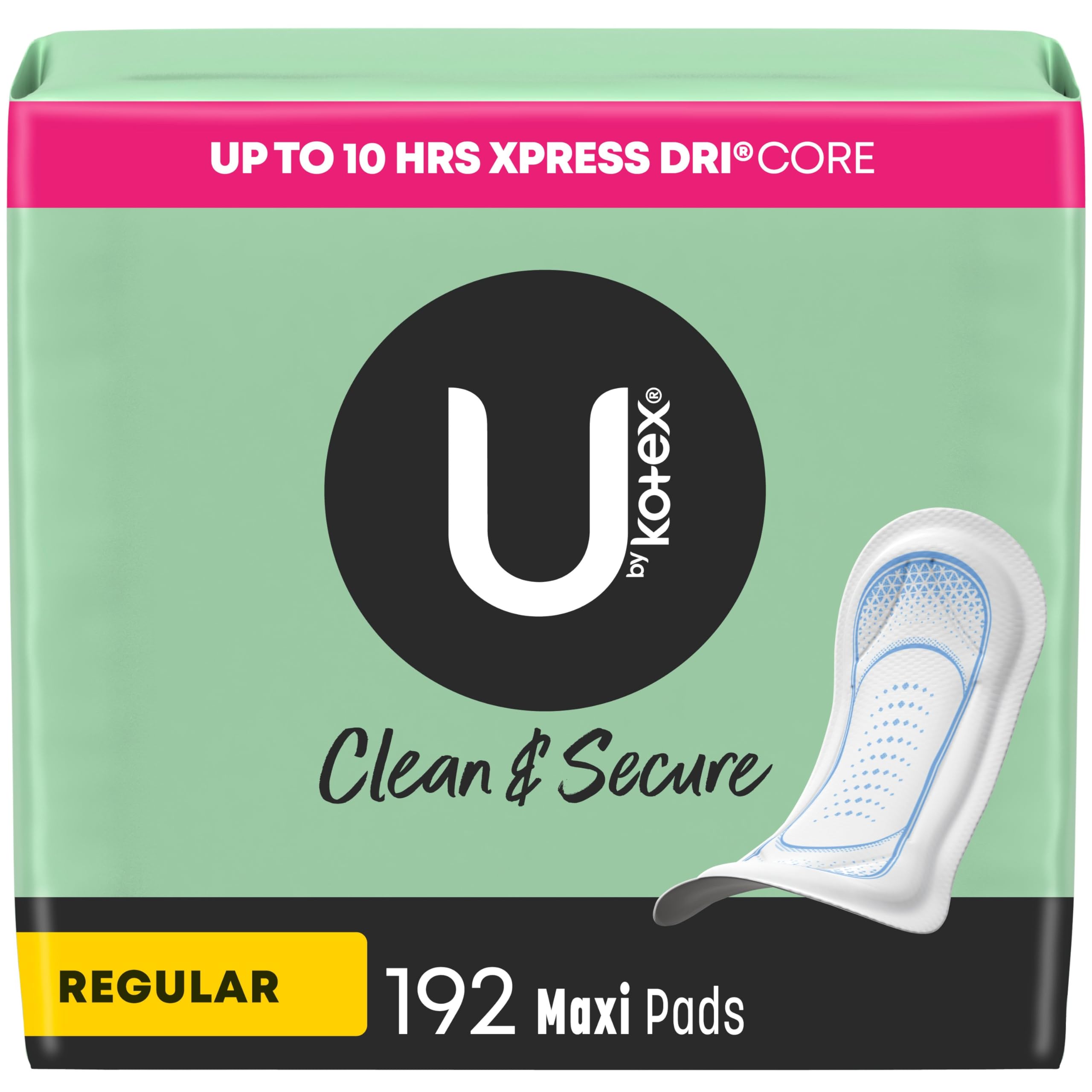 U by Kotex Clean & Secure Maxi Pads - Regular Absorbency, 192 Count (4 Packs of 48) | Ultra Thin Feminine Pads for Women | Day & Night Use for Maximum Protection | Comfortable & Leakproof Sanitary Napkins | Perfect for Active Lifestyles & Daily Wear
