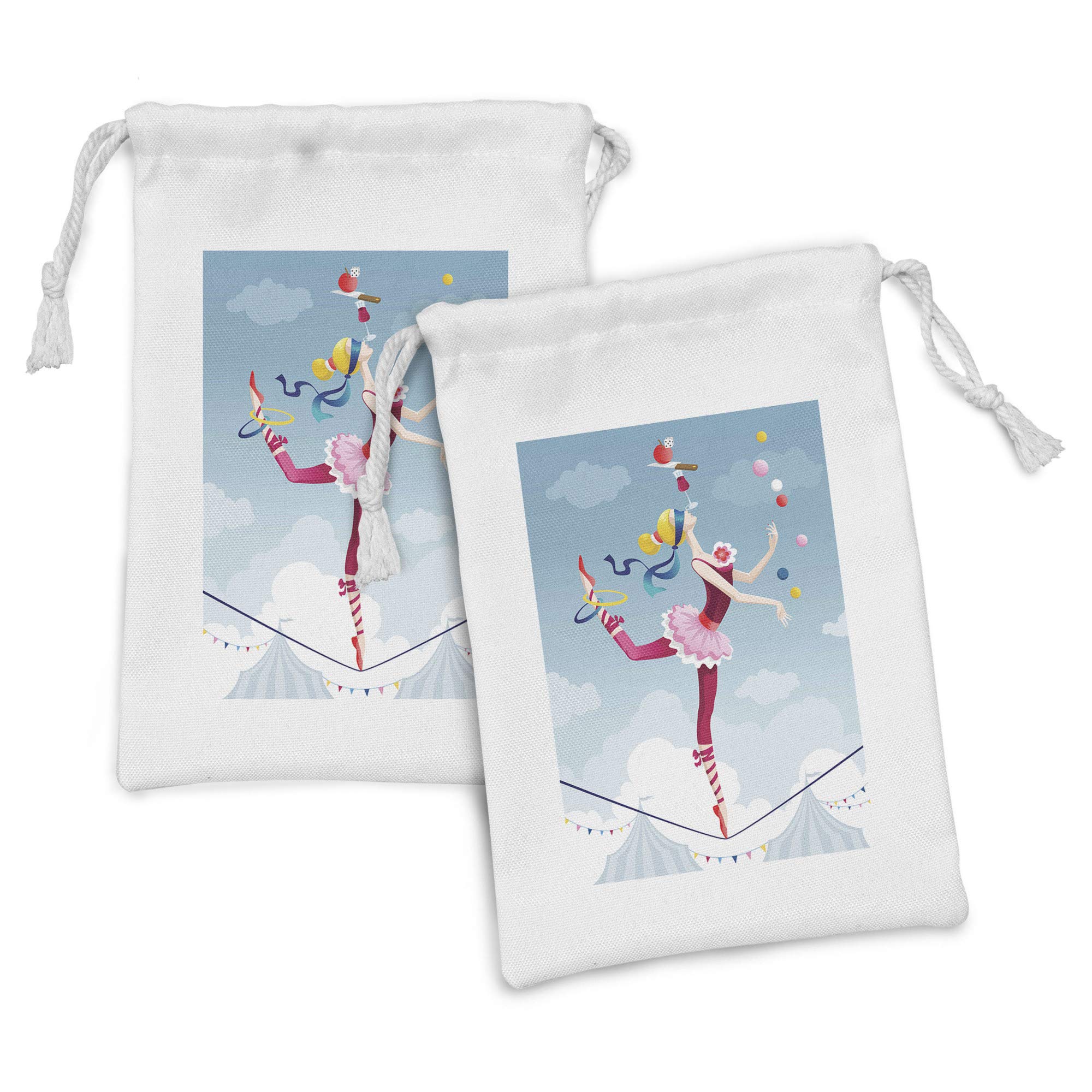 Ambesonne Circus Fabric Pouch Set of 2 - Colorful Juggling Performer Design, Small Drawstring Bags for Toiletries, Makeup, Travel Essentials & Party Favors (9