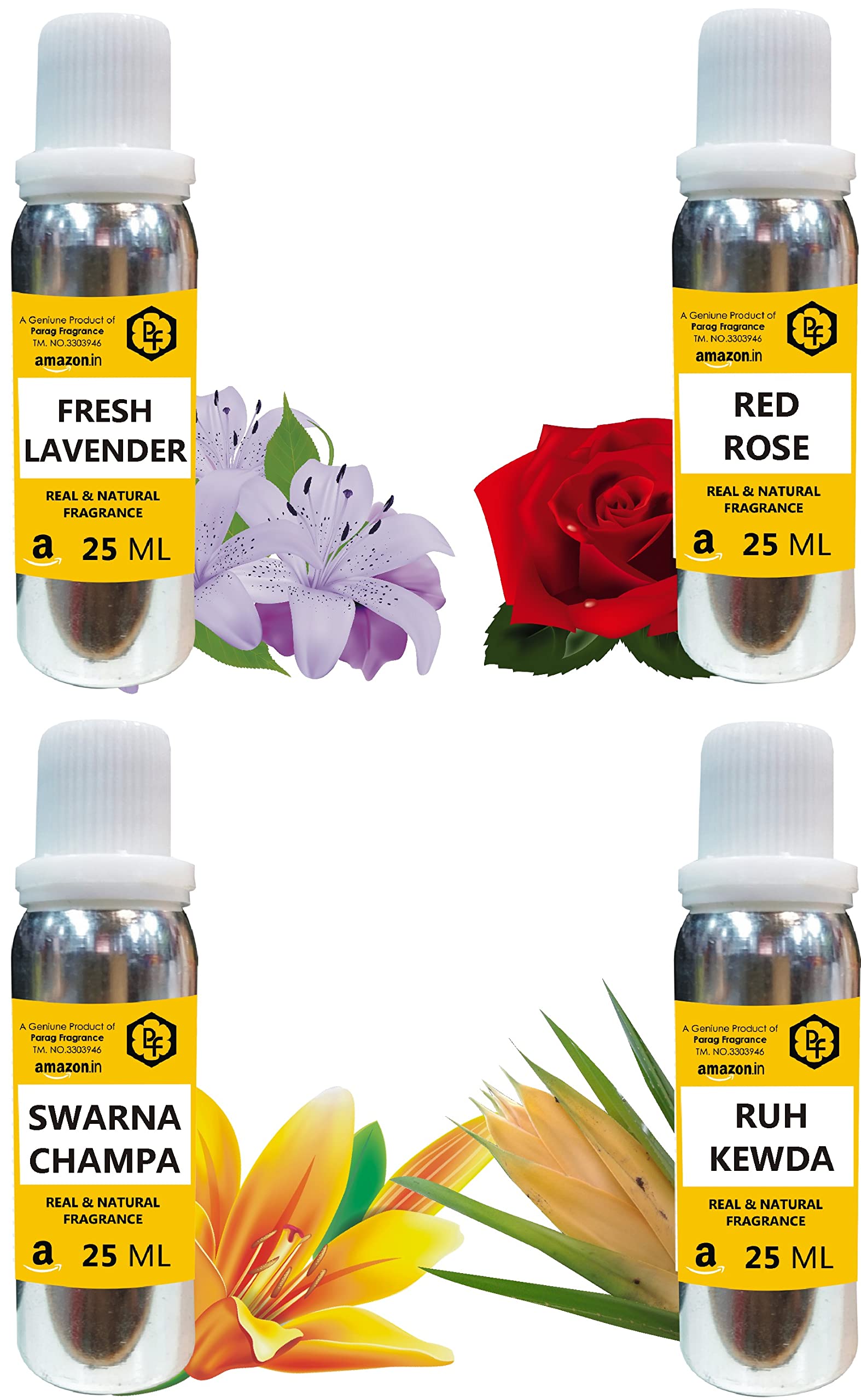Premium Parag Fragrances 2+2 Festival Gift Set - Lavender, Red Rose, Swarna Champa & Kewda Attar for Men (Buy 50ml Get 50ml Free) | Perfect for Weddings, Festivals & Special Occasions