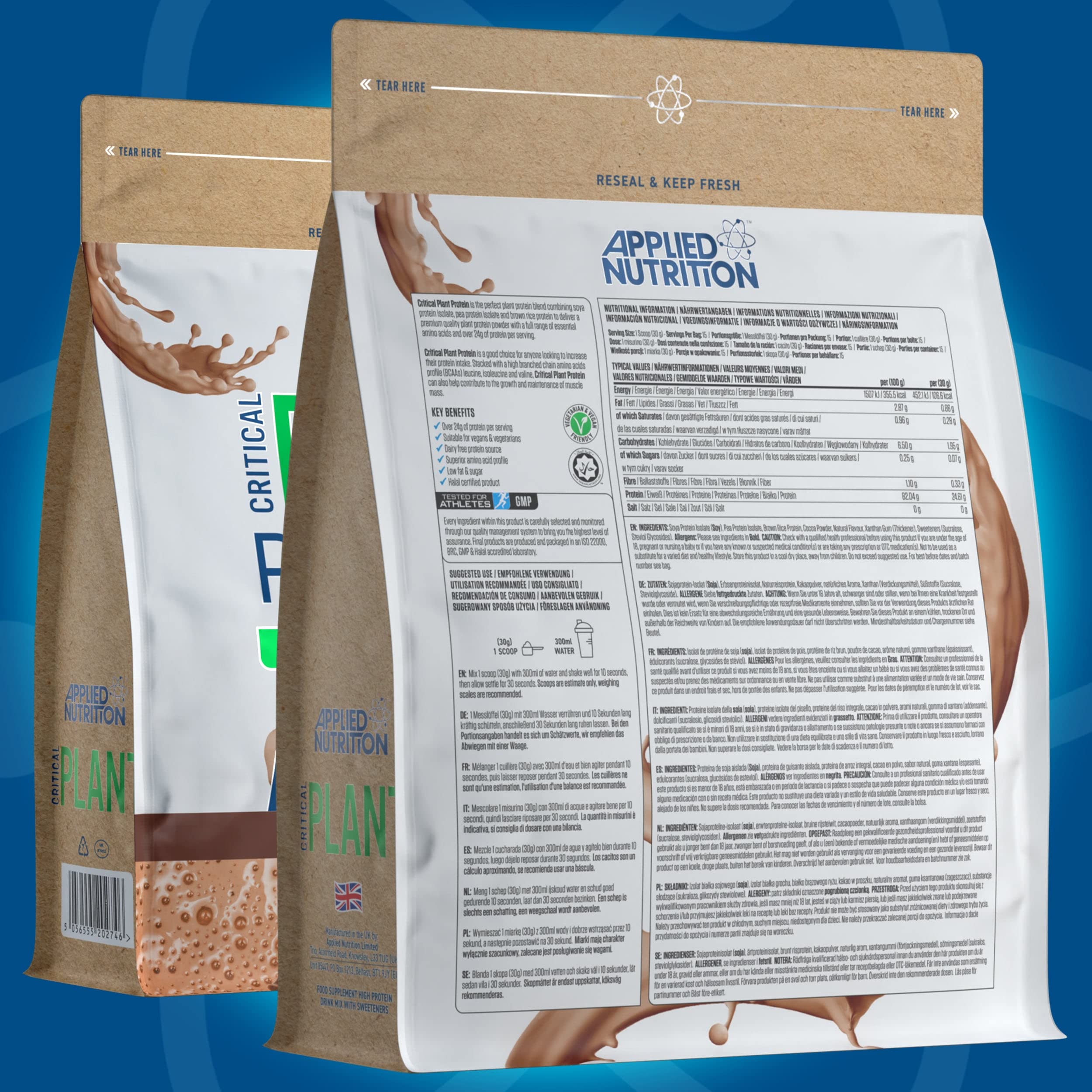 Applied Nutrition Critical Plant Protein Chocolate 450g - Vegan Protein Powder for Muscle Recovery & Weight Loss | Perfect for Post-Workout Shakes, Smoothies & Healthy Baking