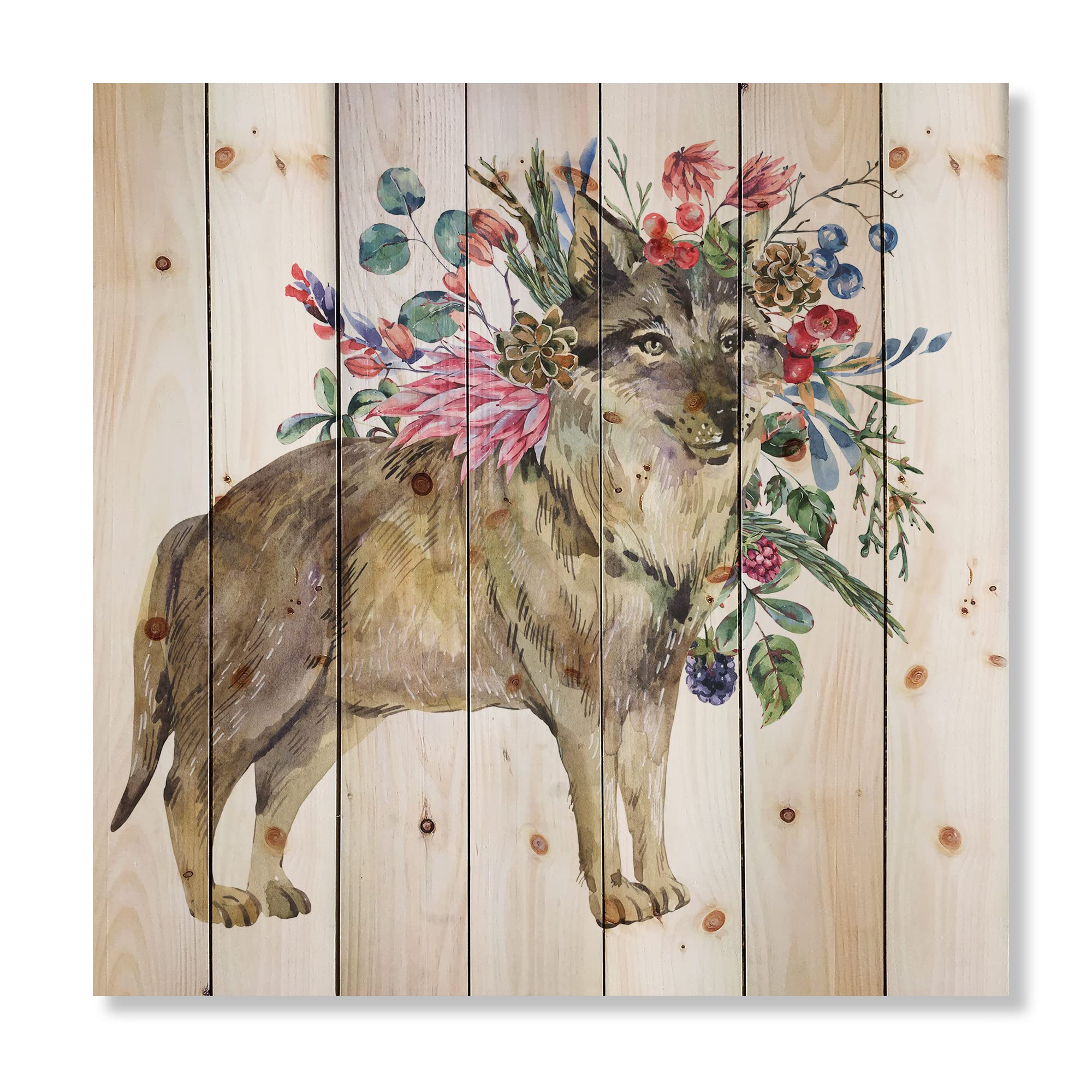 Farmhouse Wood Wall Decor - Wolf with Woodland Flowers Wall Art, Large Floral Pine Wood Panel for Rustic Home & Cabin Decor | Perfect for Living Room, Bedroom, Office