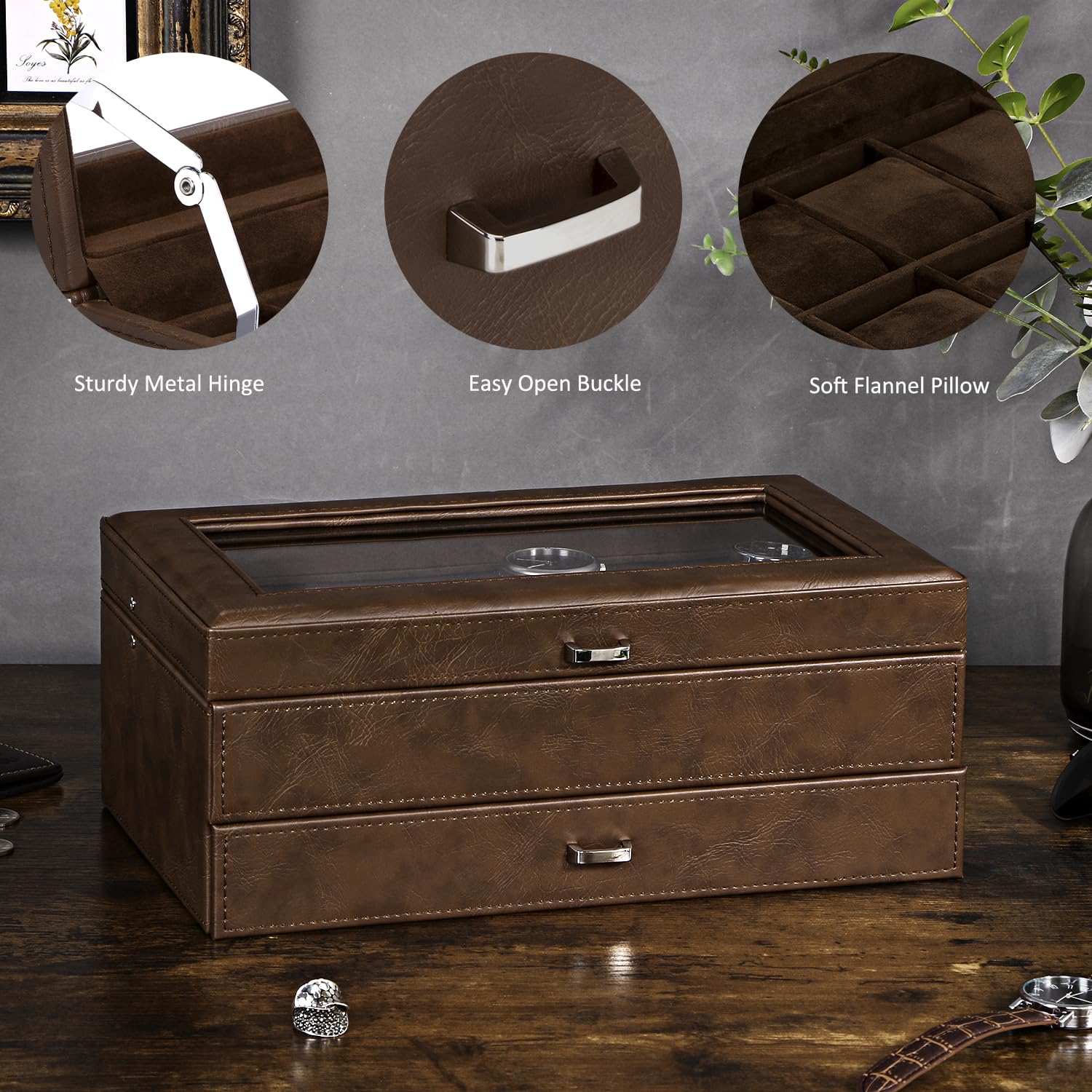 BEWISHOME Luxury Watch Box for Men - Faux Leather Watch Organizer with Jewelry Drawer, Real Glass Top & Metal Hinge - Brown SSH12Z | Perfect Watch Storage Case for Travel, Home Display & Gift Giving