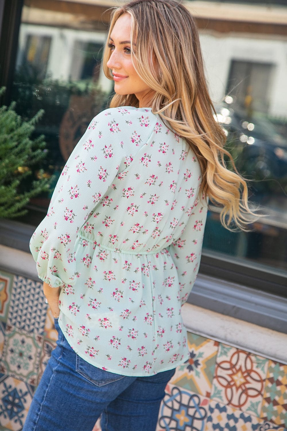 Elegant Mint Green Crepe Seersucker Floral Knotted Woven Blouse for Women | Summer Casual & Office Wear | Perfect for Brunch Dates and Business Meetings