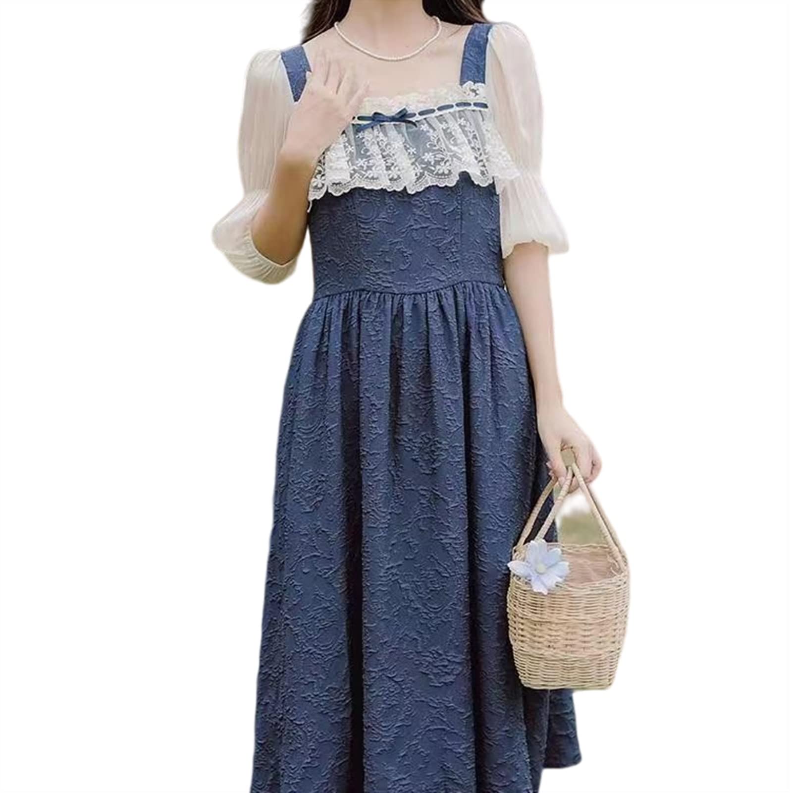 Vintage French Jacquard Square Neck Dress for Women - Elegant Lace Waist Long Skirt Summer 2023 | Perfect for Weddings, Parties & Formal Occasions