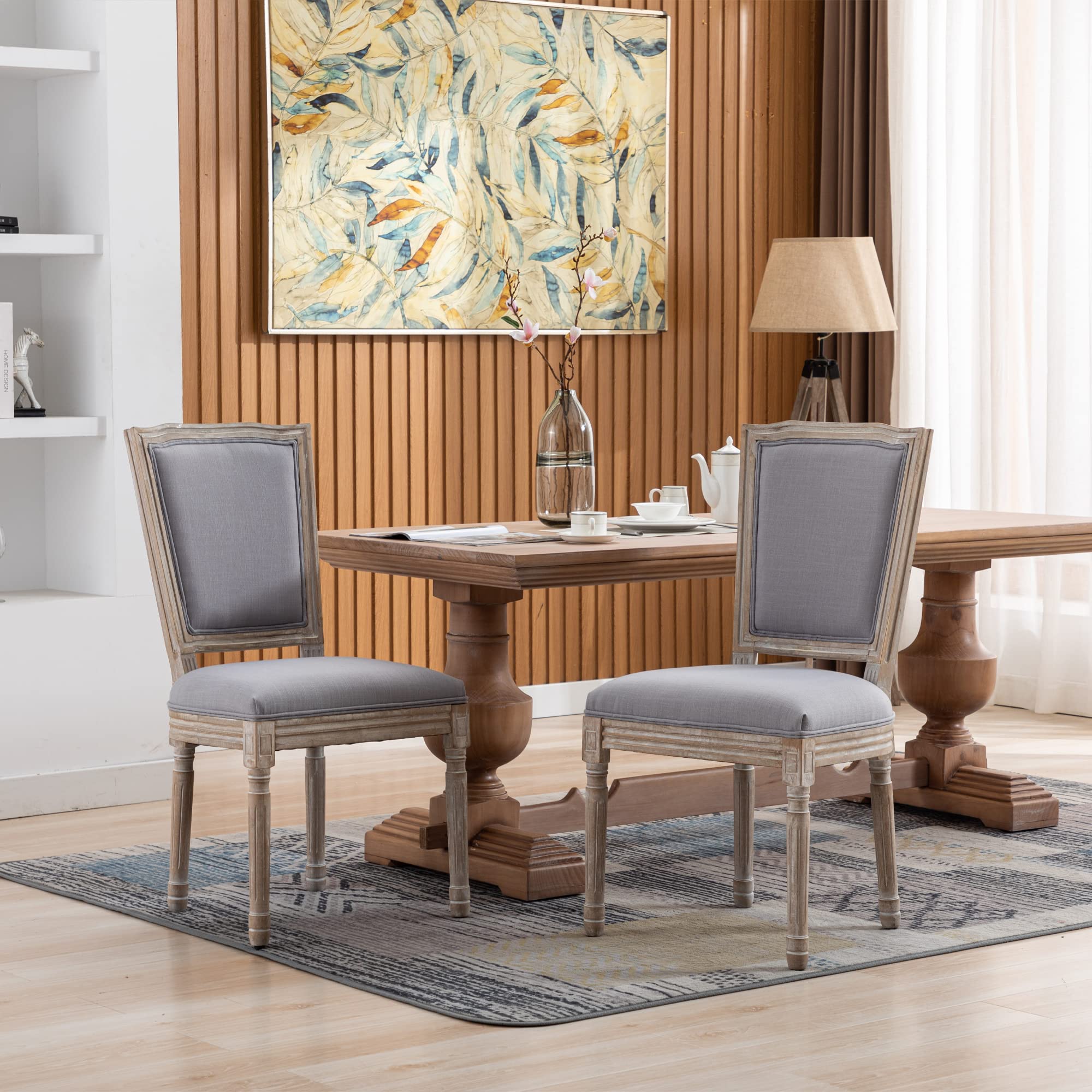 SSLine Set of 2 French Dining Chairs - Armless Upholstered Linen Kitchen Chairs with Retro Square Back, Solid Wood Frame for Dining Room, Living Room, Bedroom (Light Grey) | Perfect for Farmhouse Decor, Breakfast Nook & Cozy Home Interiors