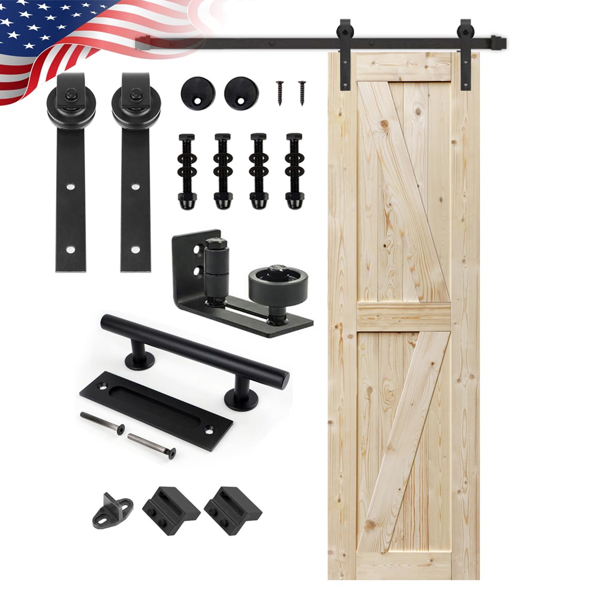 24x84 Inch Unfinished British Brace Knotty Barn Door with 5FT Sliding Hardware Kit - Solid Wood Sliding Door for Bedroom & Closet - Double Surface Design & Easy Assembly (J-Shape Track Included)