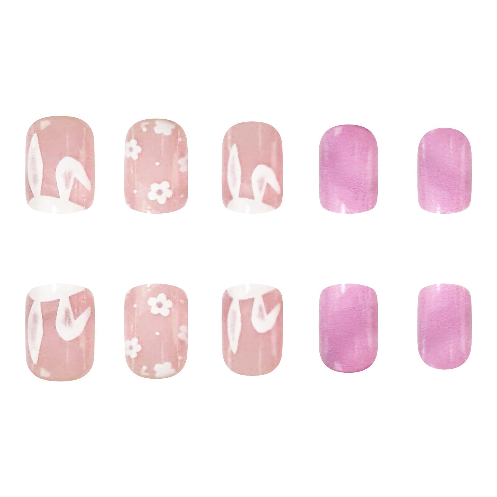 Easter Short Square Press on Nails - 24Pcs Pink Acrylic Fake Nails with Cute Rabbit & Flower Designs, Full Cover Stick on False Nails for Women | Perfect for Easter Parties, Spring Events & Daily Wear