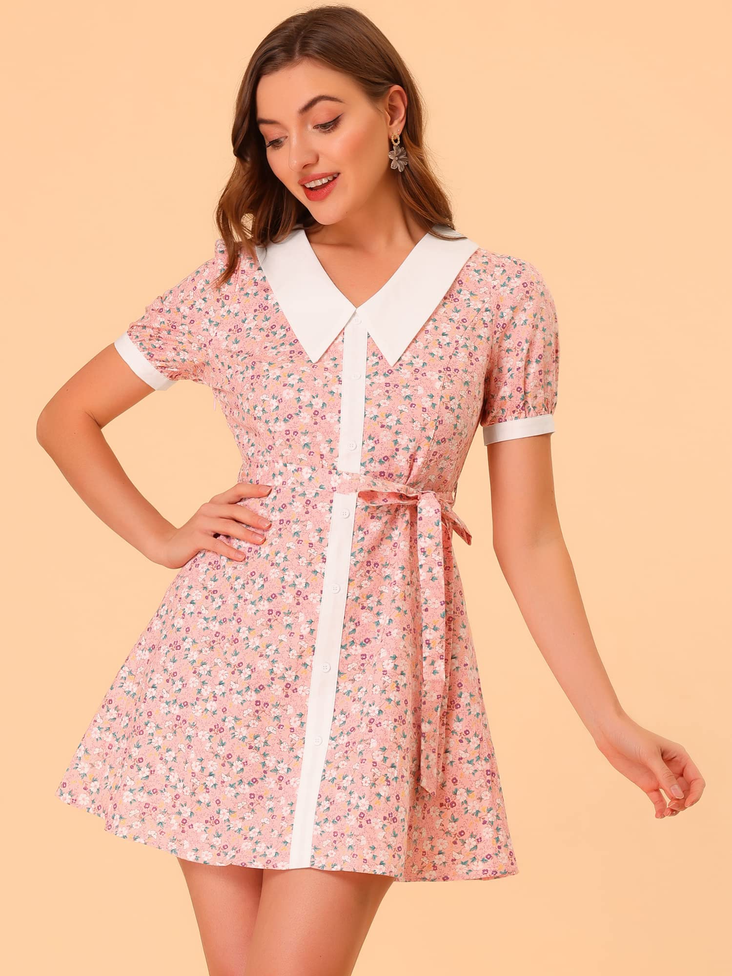 Allegra K Women's Floral Print Cotton Shirt Dress with Collar & Belted Waist | Summer Button Down Tunic Dress in Medium Pink | Perfect for Beach Vacations, Brunch Dates & Office Wear