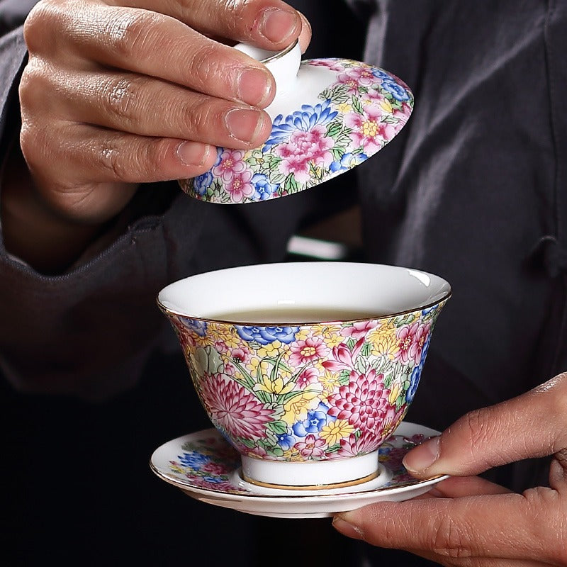 Premium Enamel Porcelain Flower Gaiwan Tea Set - Traditional Chinese Tea Cup with Lid & Saucer - Perfect for Gongfu Tea Ceremony, Home Decor, and Gift Giving