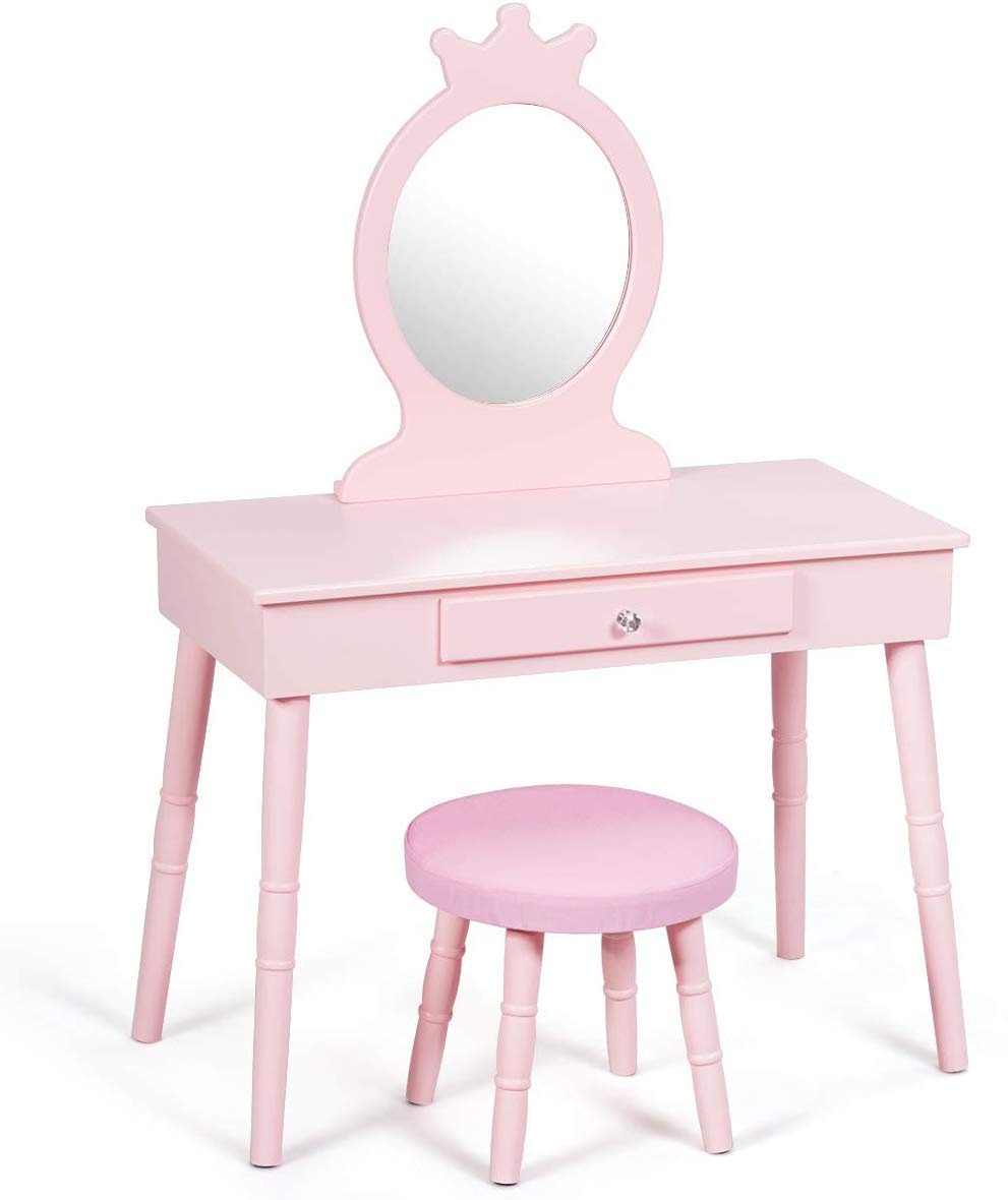 GOFLAME Pink Wooden Princess Vanity Set for Girls - Kids Dressing Table with Real Mirror, Makeup Play Set, Pull-Out Drawer & Cushioned Stool - Perfect for Pretend Play, Birthday Gifts & Bedroom Decor